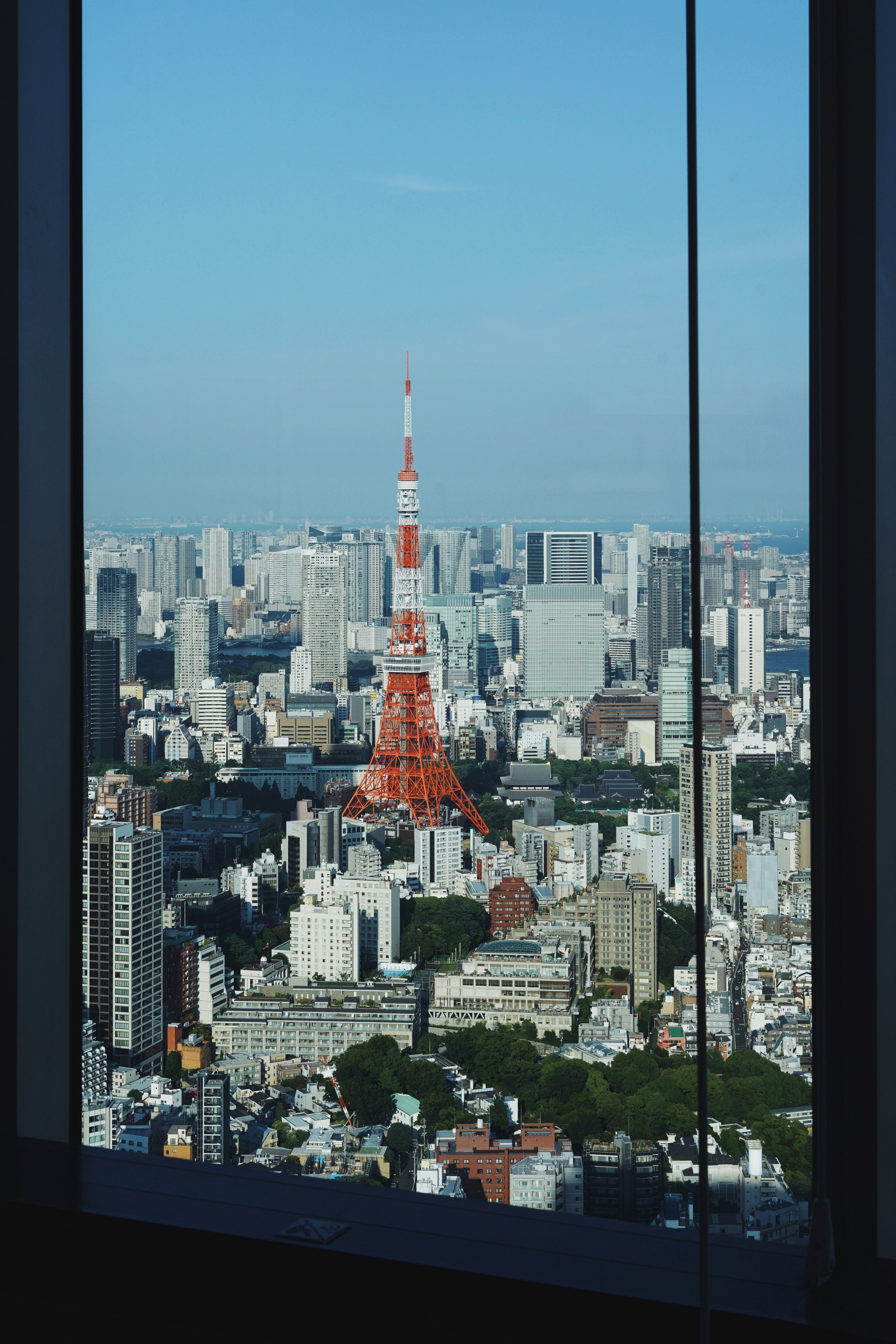 Tokyo tower cityscape with surrounding buildings under a clear sky