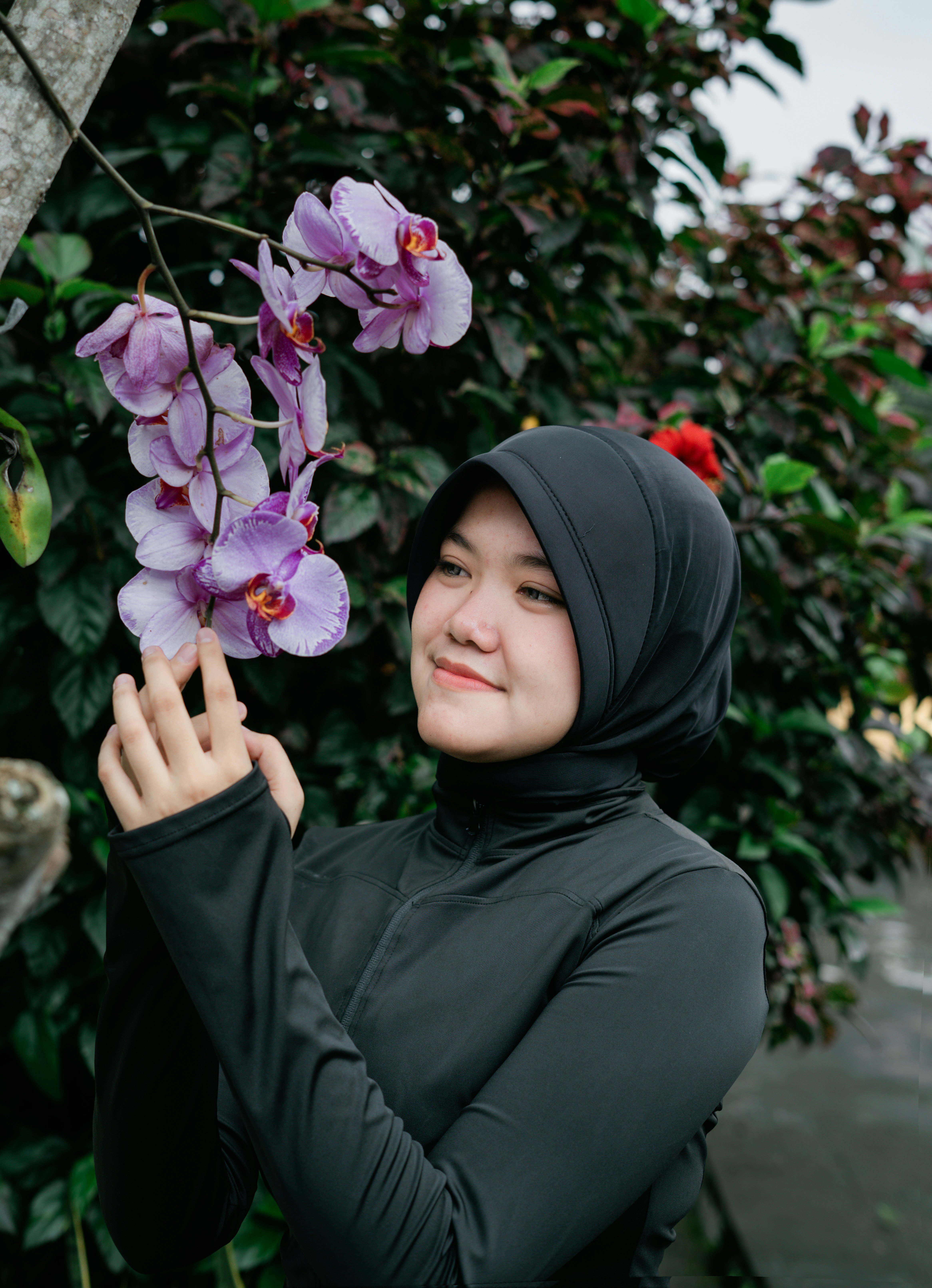 Woman in hijab gently touching purple orchids