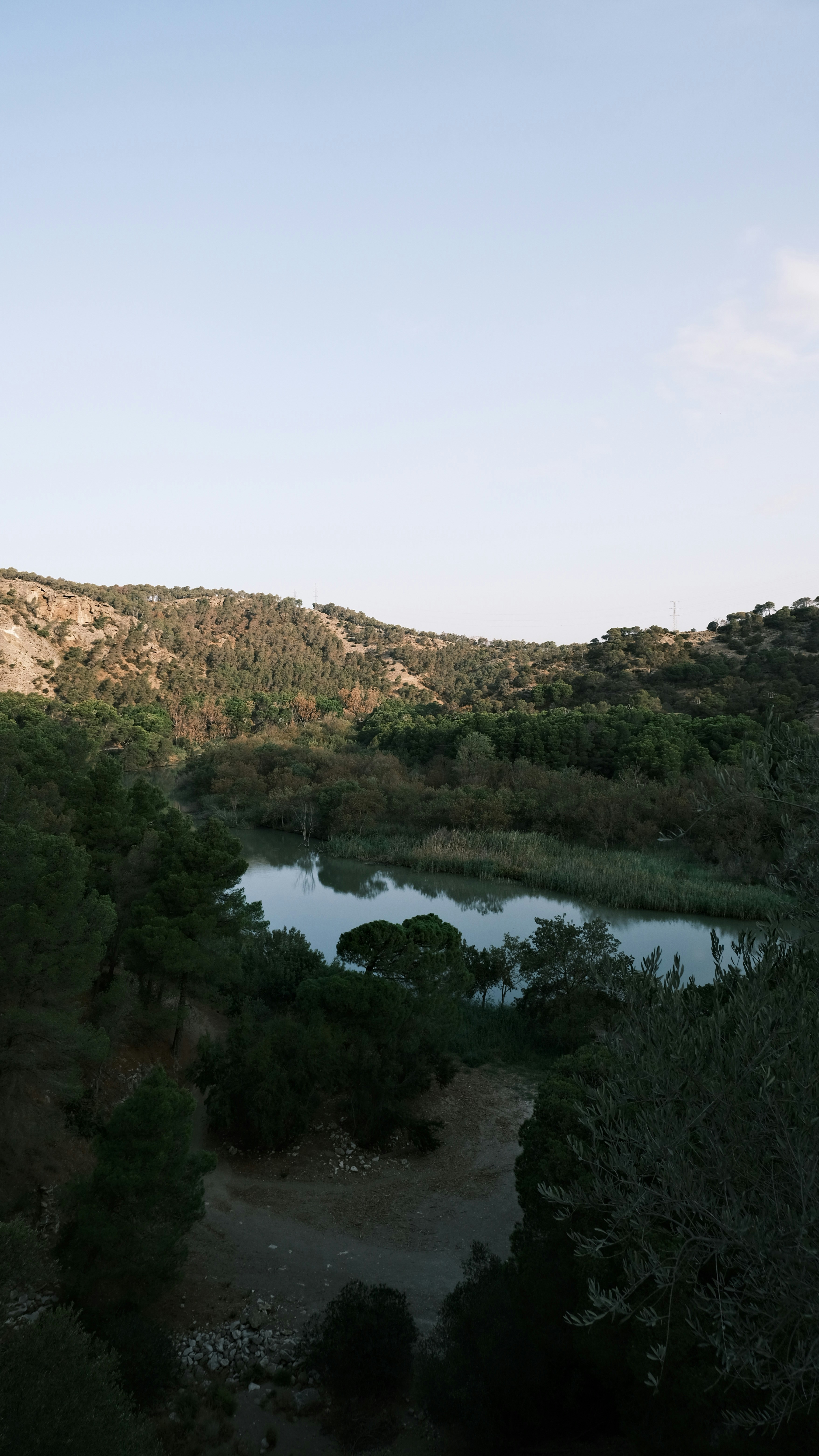 A serene lake surrounded by lush green trees and hills.