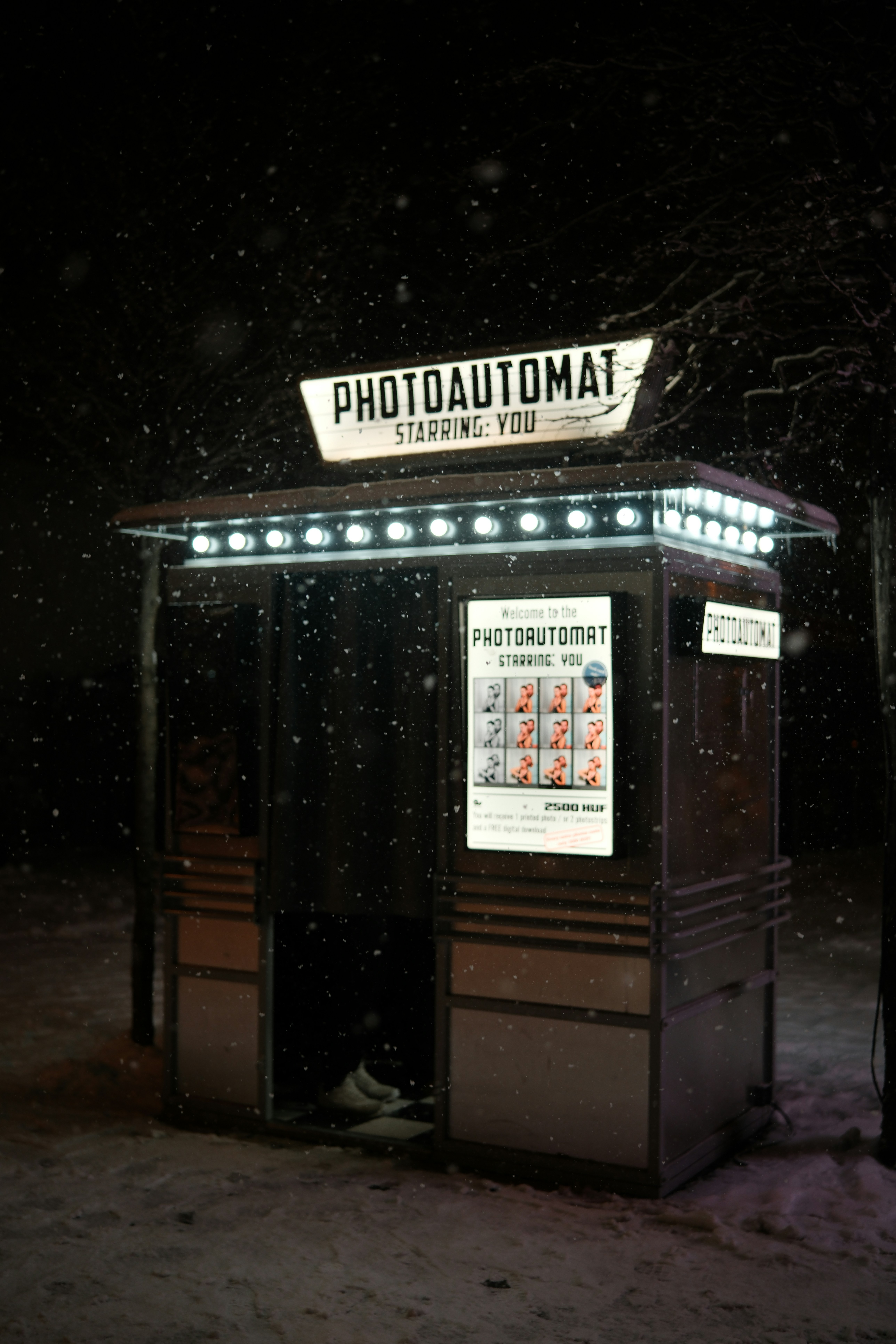 Photo booth in the snow at night