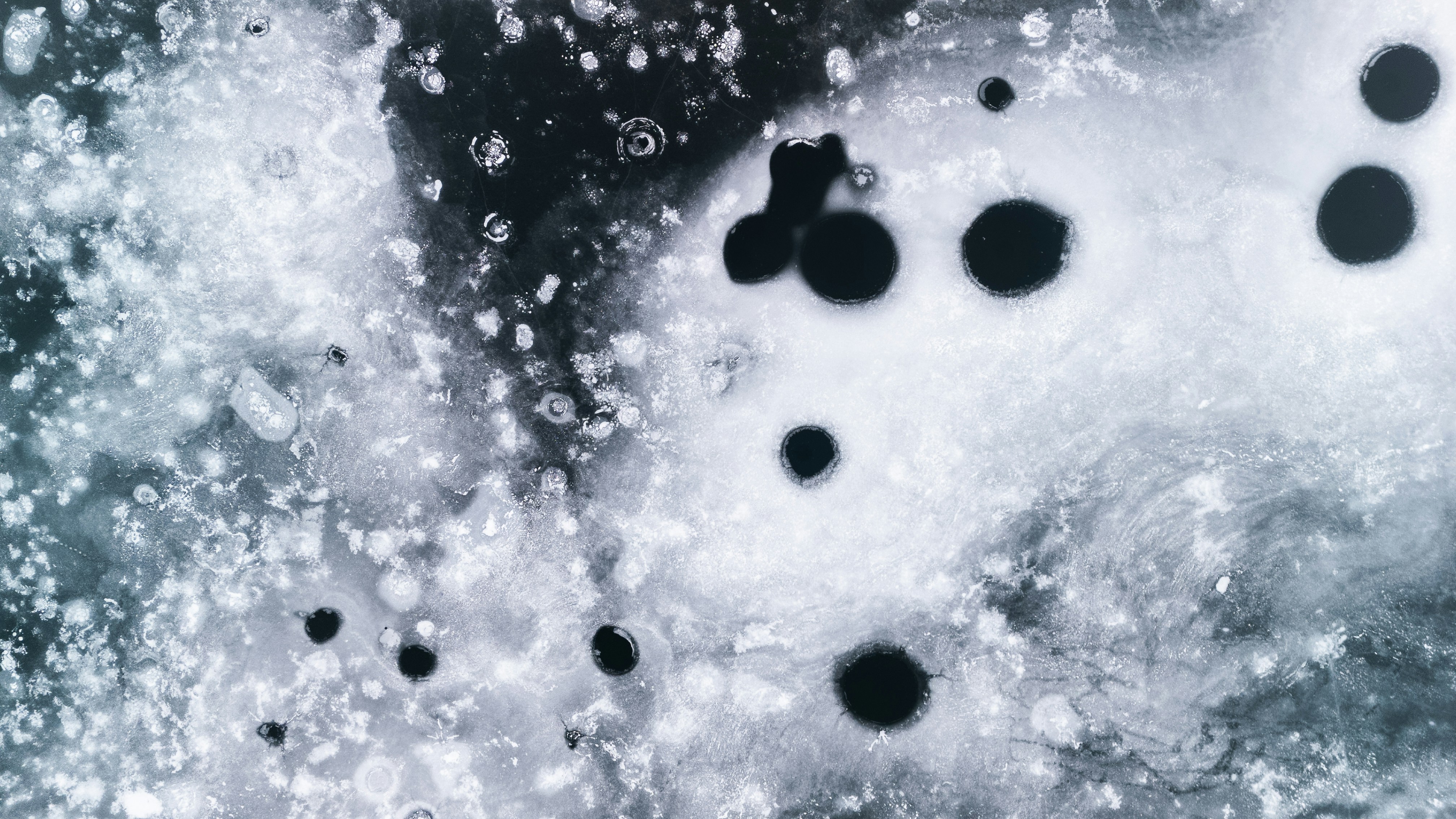 Des bulles piégées dans la glace en hiver.