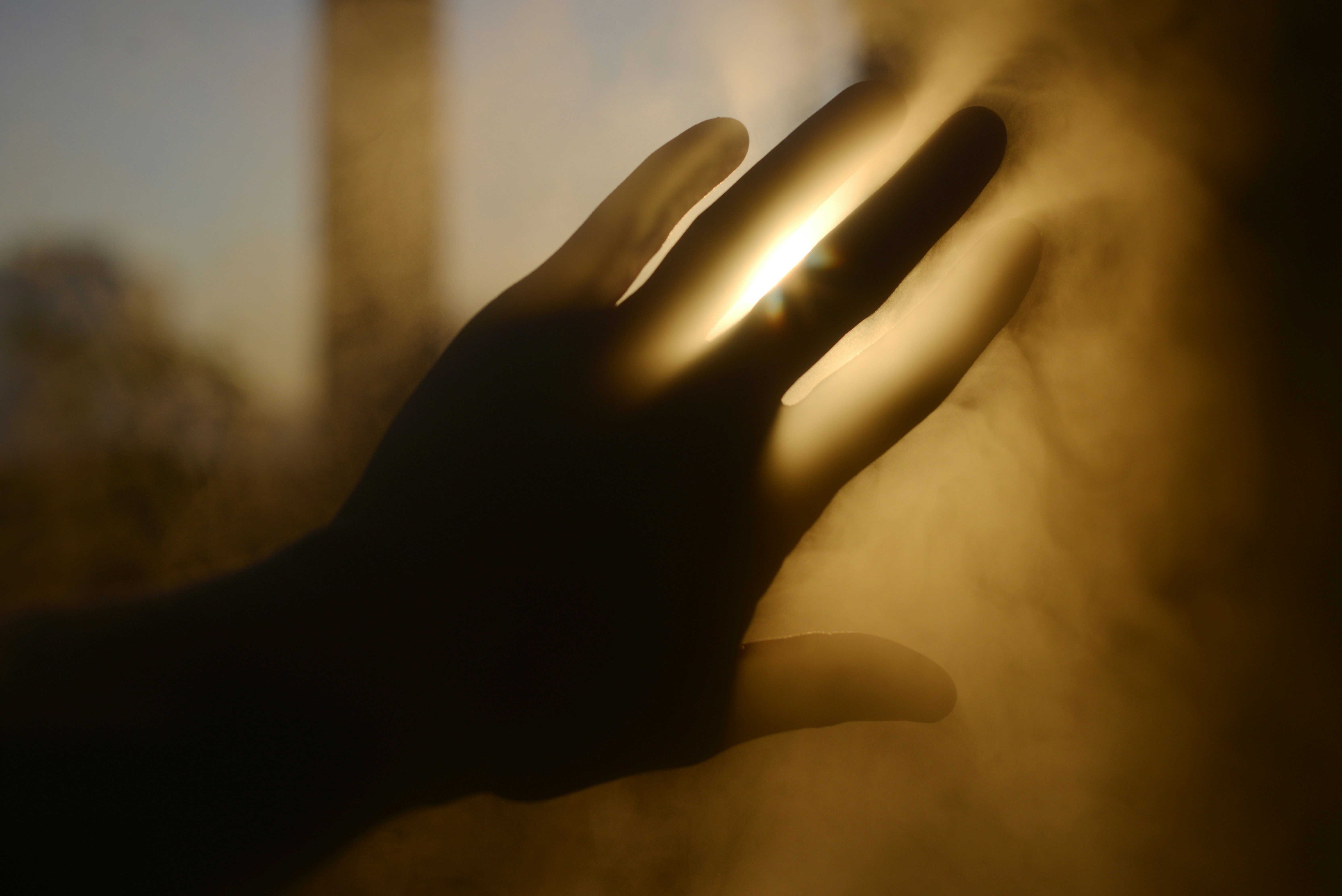 Sunlight shines through a person's hand