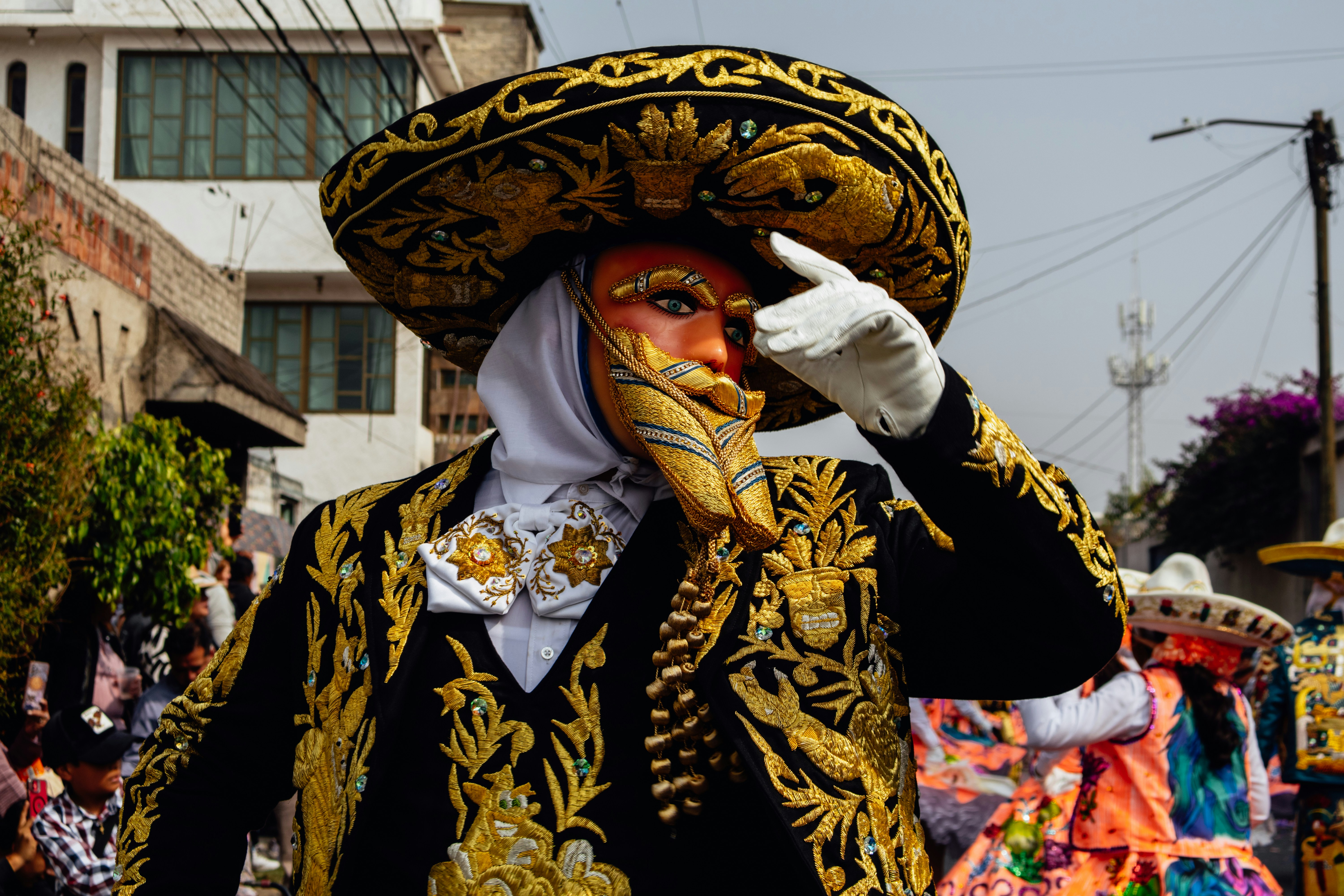 Person in ornate costume and mask with large hat