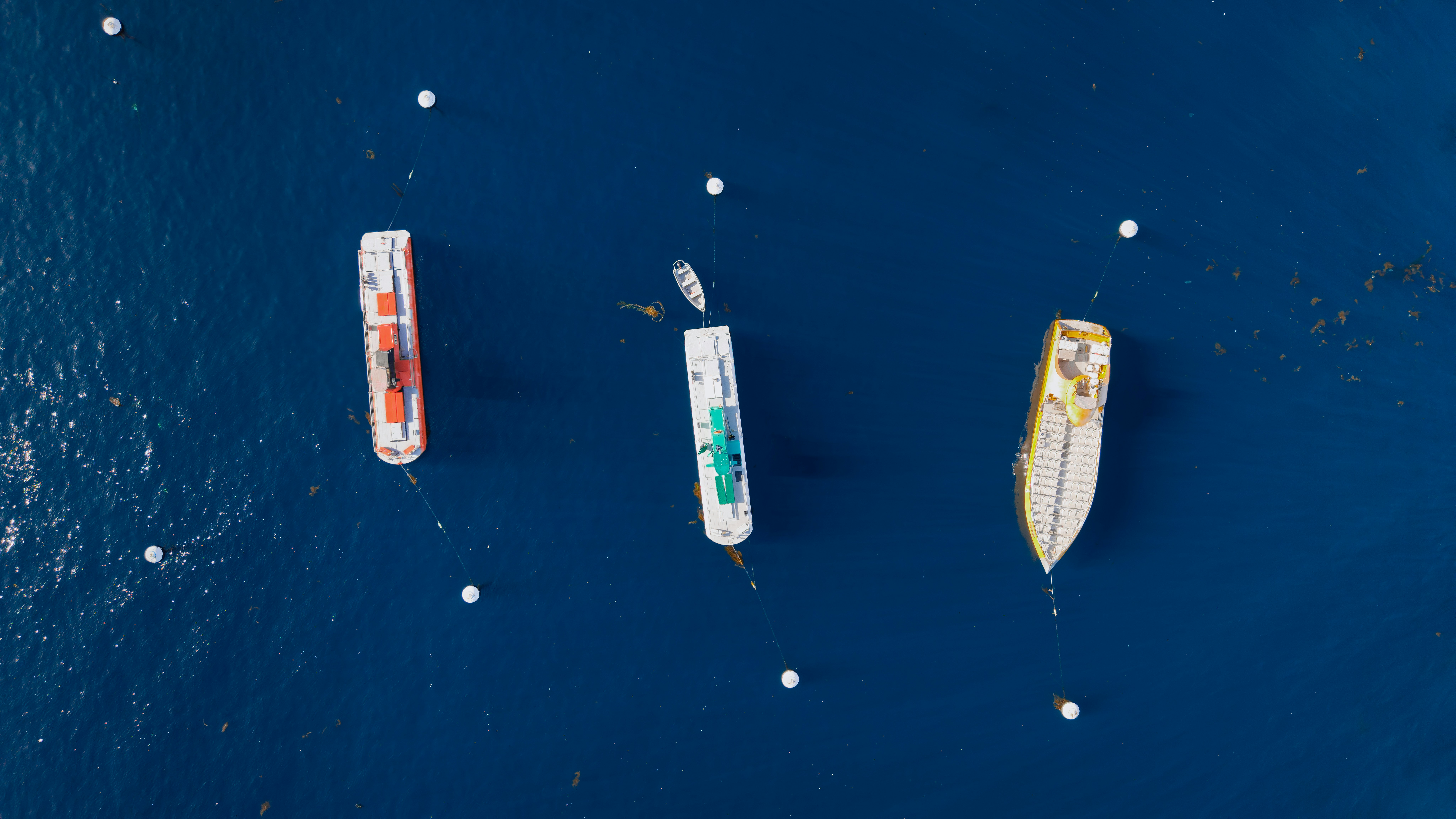 Three colorful sailboats moored in deep blue water, viewed from above; aerial composition emphasizing spacing and negative space around the vessels.