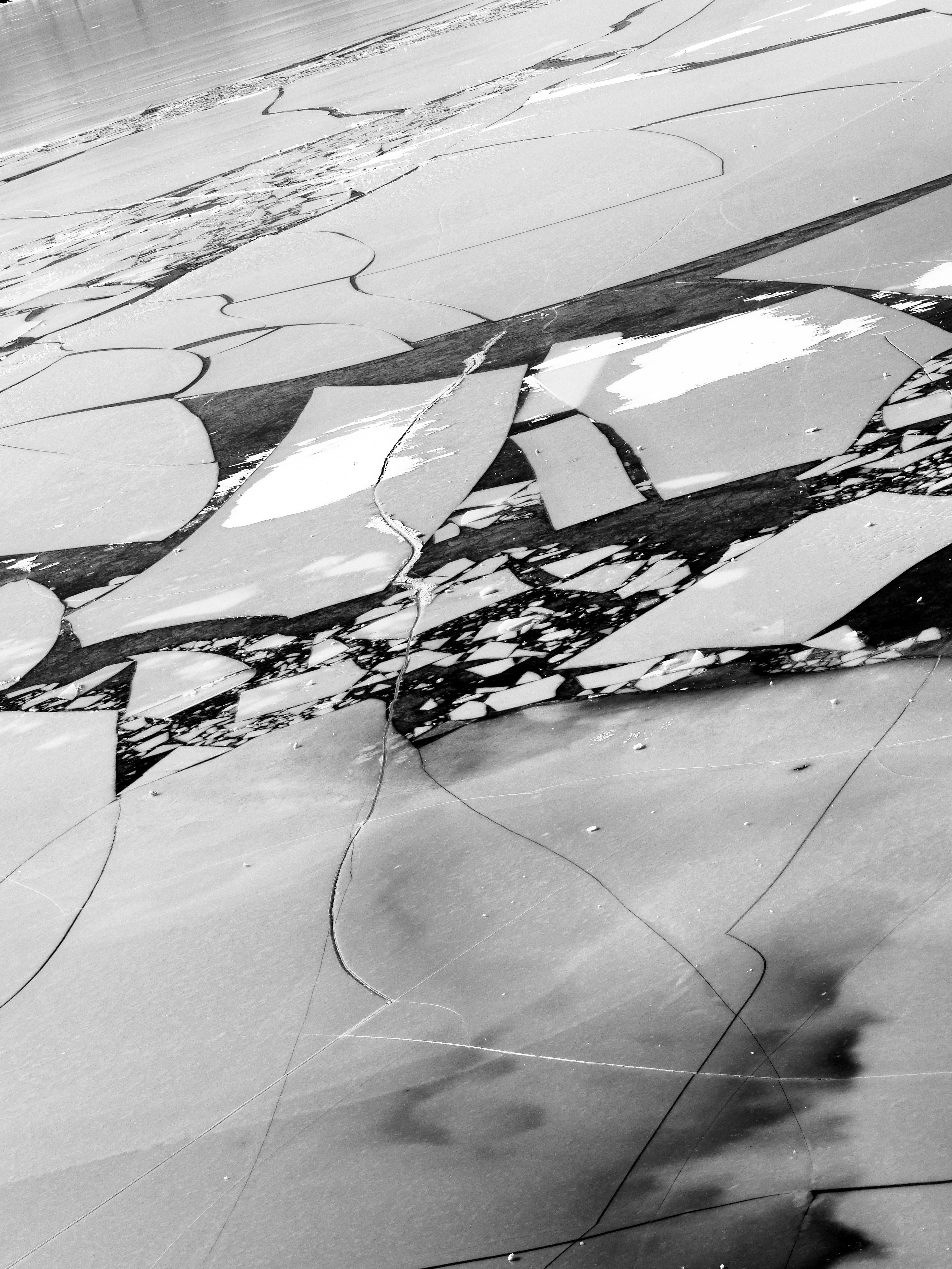 Cracked ice floes on a dark body of water