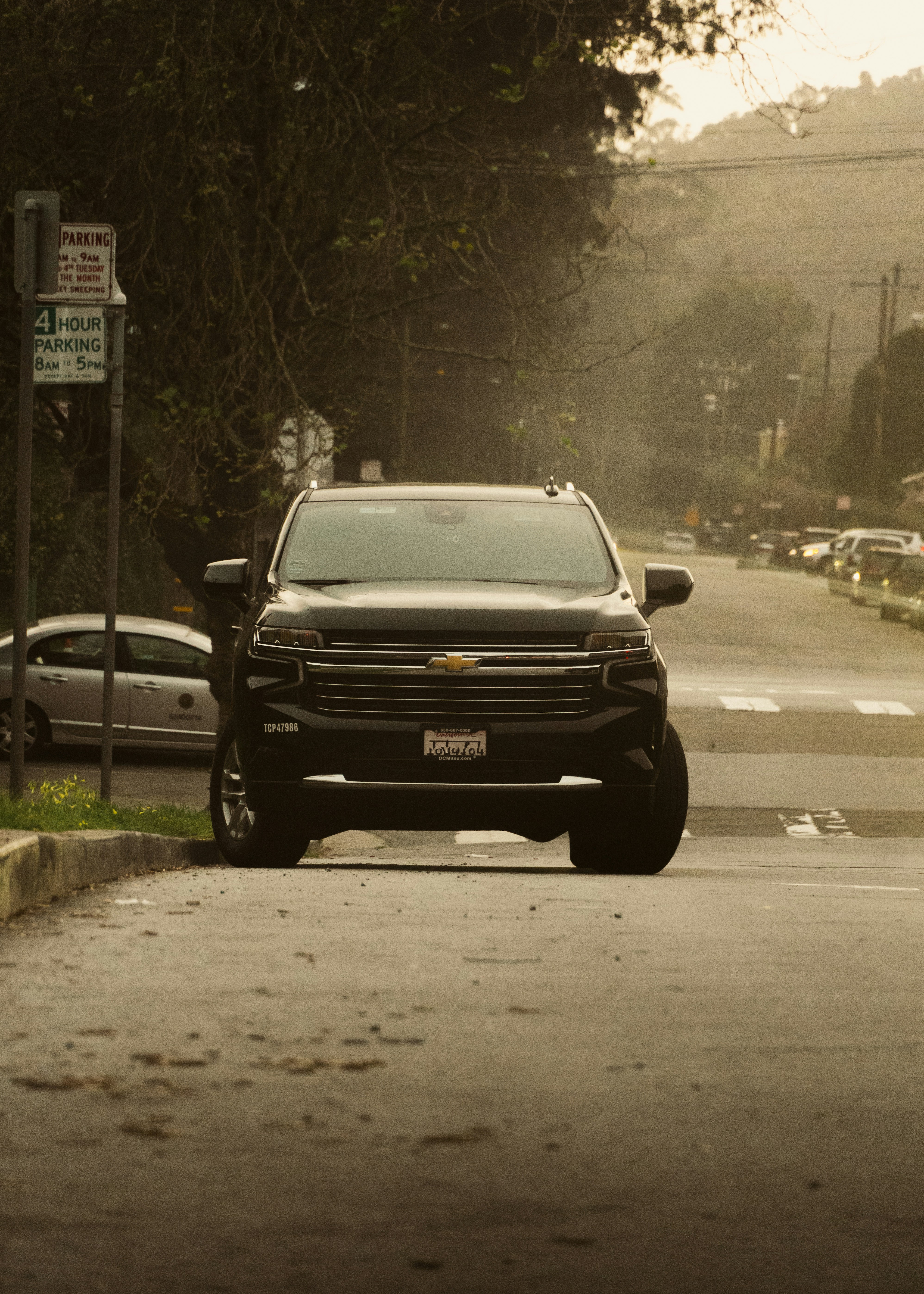 A black suv parked on a suburban street.