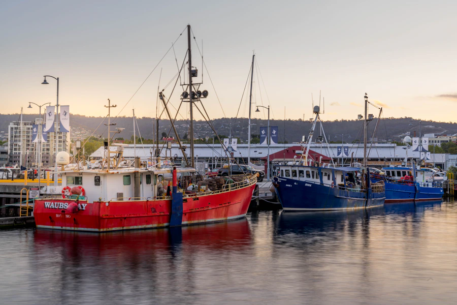 Fishing boats at sunset in Hobart Harbour