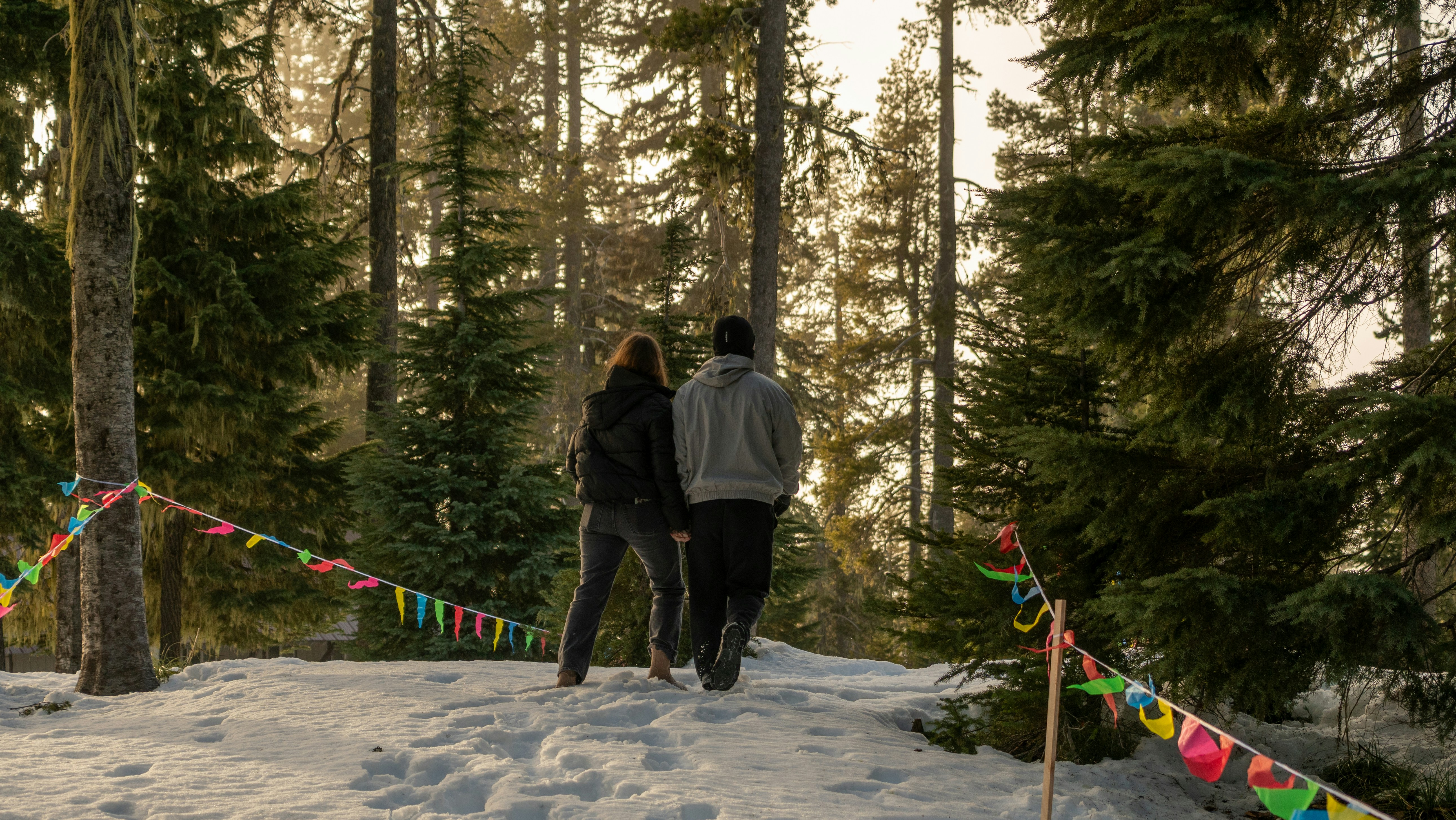 Two people walking on a snowy path in a forest.