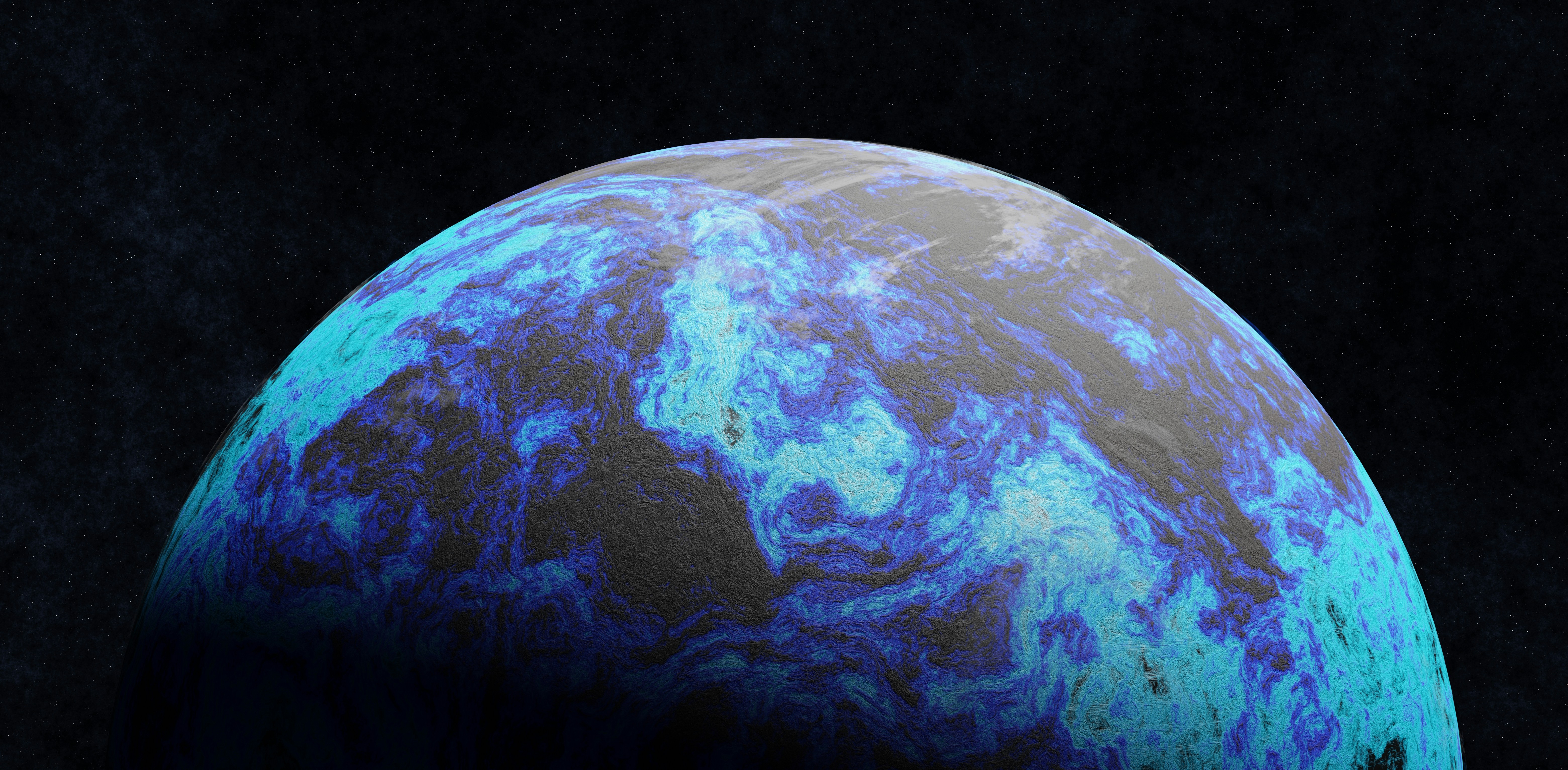 A blue and brown planet in outer space.