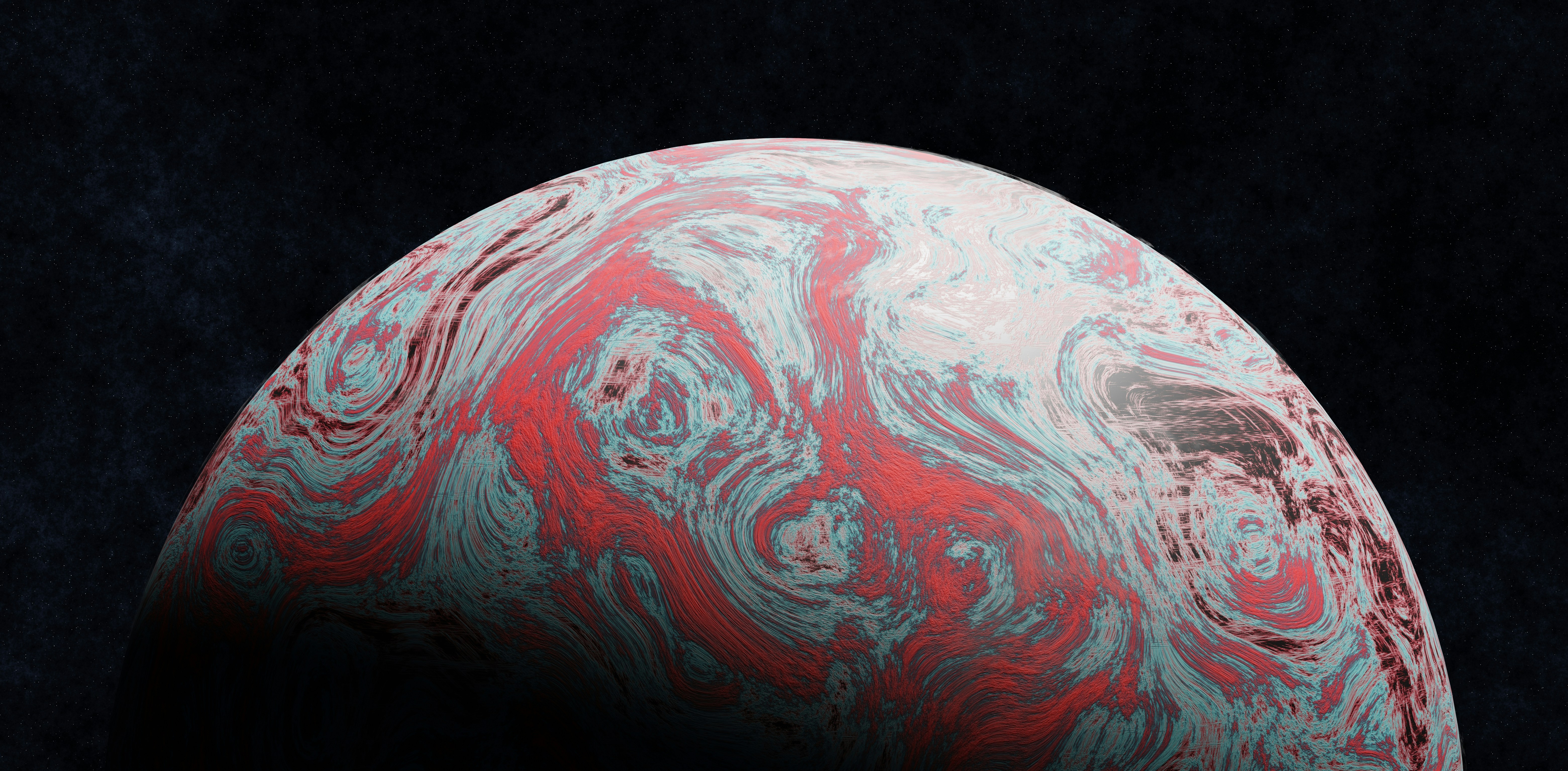 A swirling red and white planet in dark space
