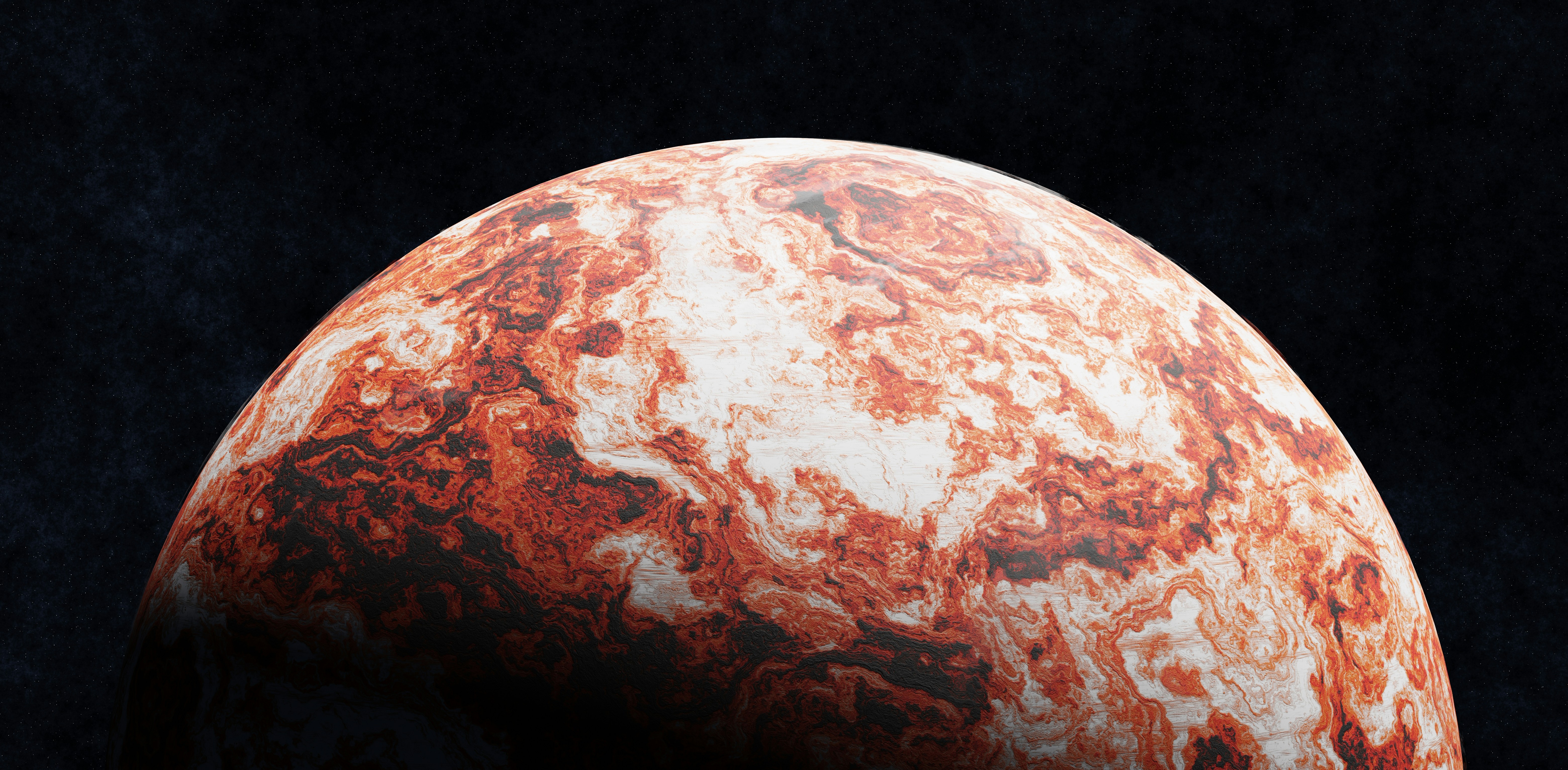 A textured planet with red and white swirling patterns.