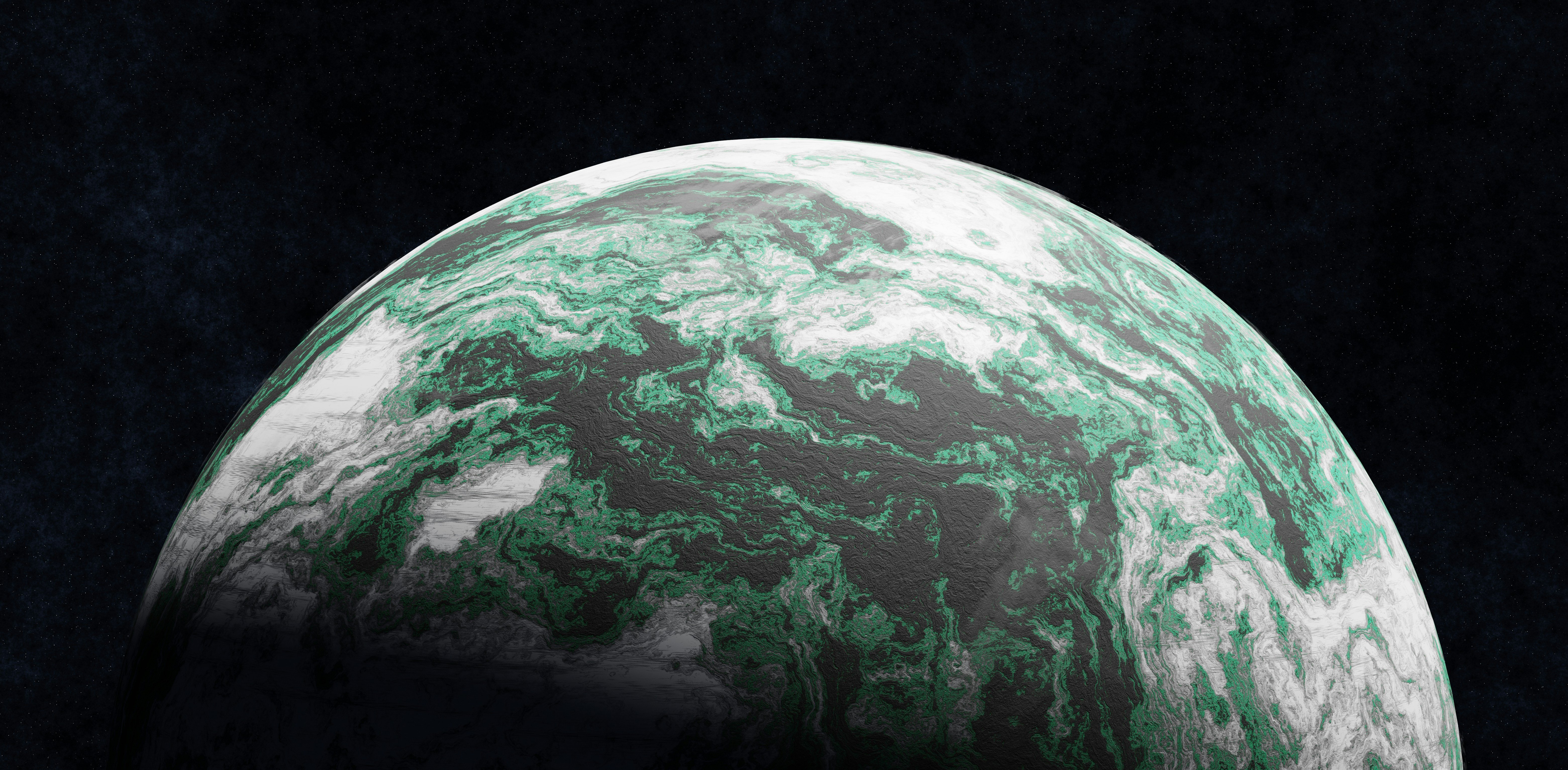 A green and white planet in dark space