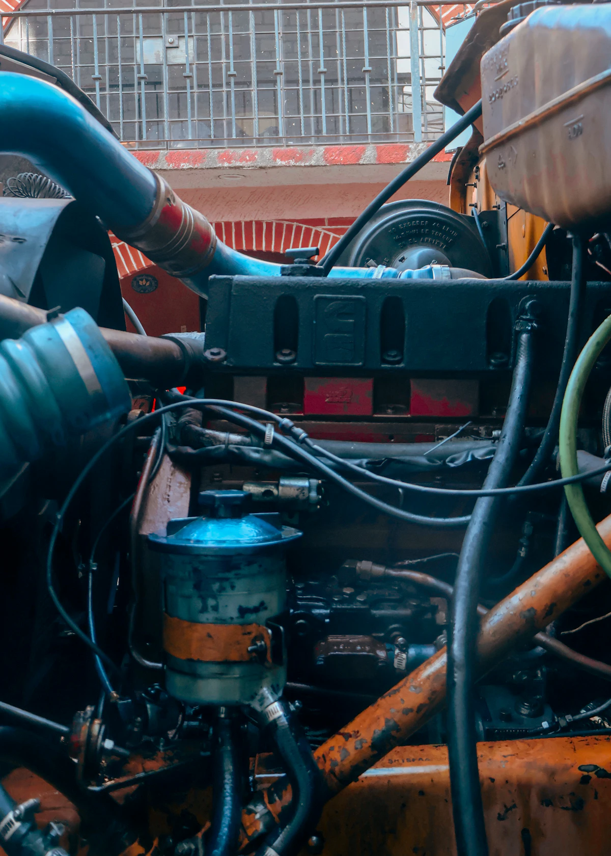 Diesel truck engine with piping and mechanical detail