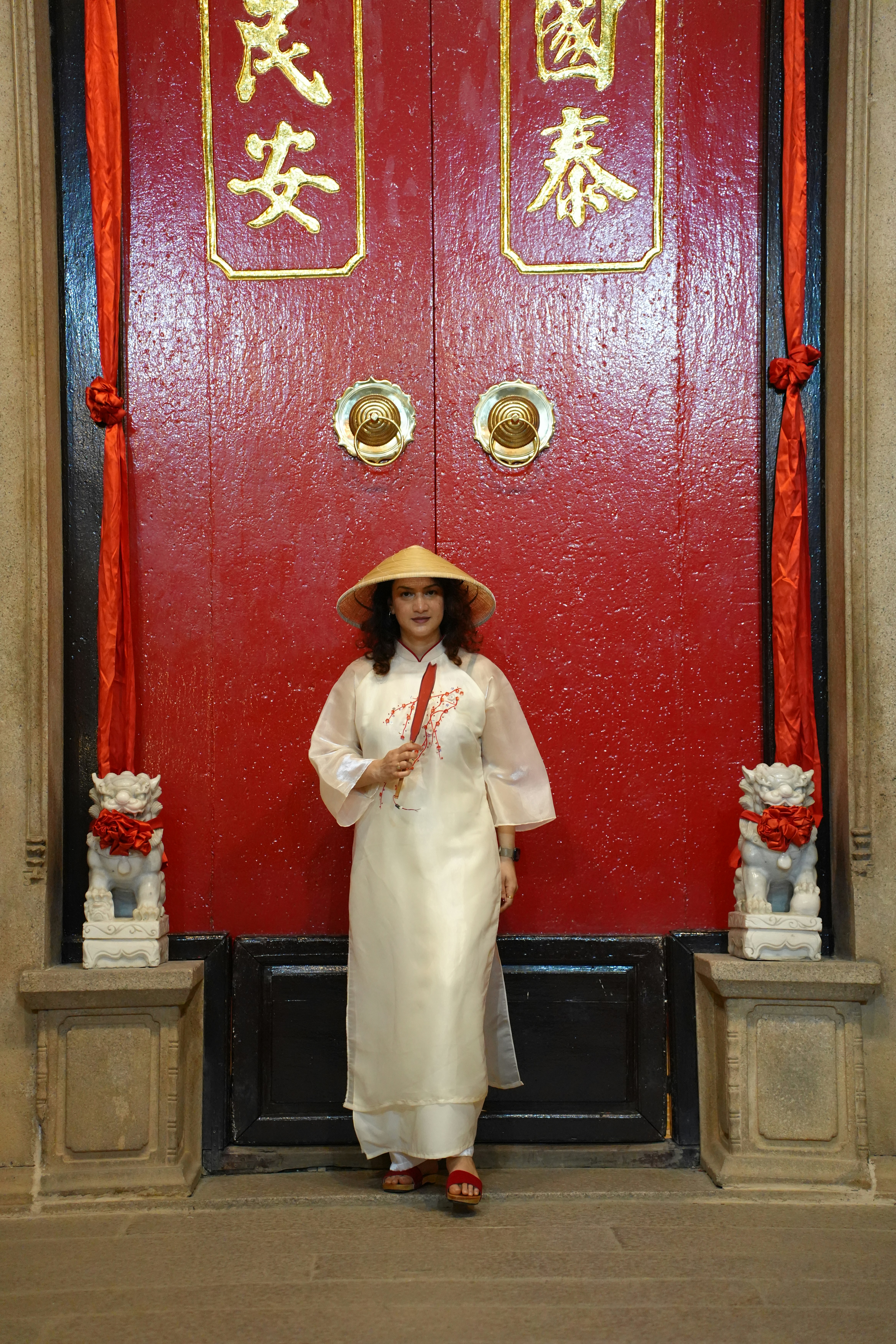 Woman in traditional vietnamese ao dai and conical hat