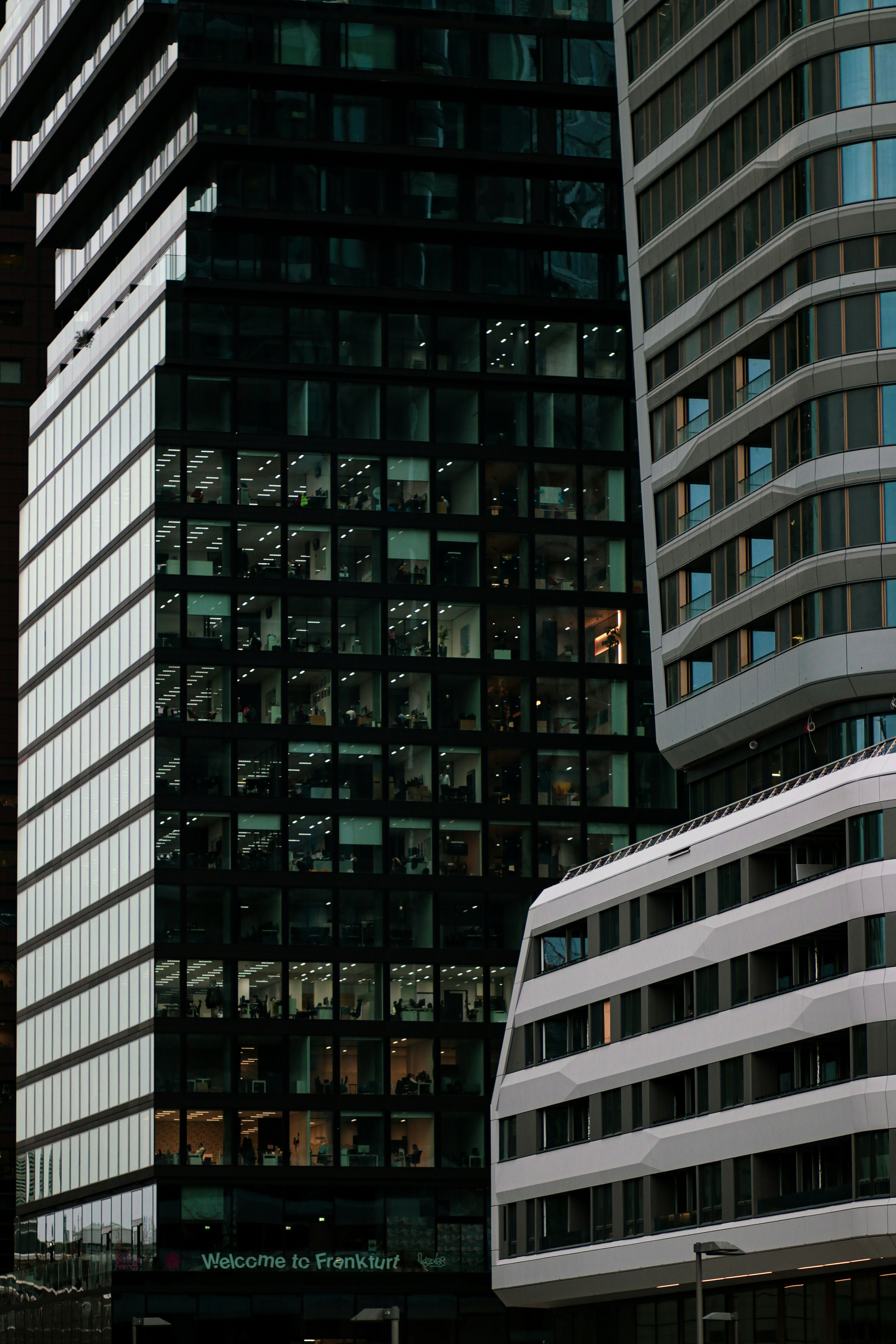Modern office buildings with glass facades and concrete facades