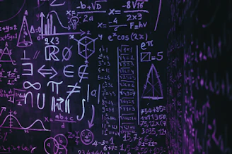 Blackboard with complex mathematical formulas and symbols.