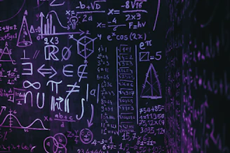 Blackboard with complex mathematical formulas and symbols.