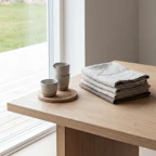 Stack of linen napkins and ceramic cups on table