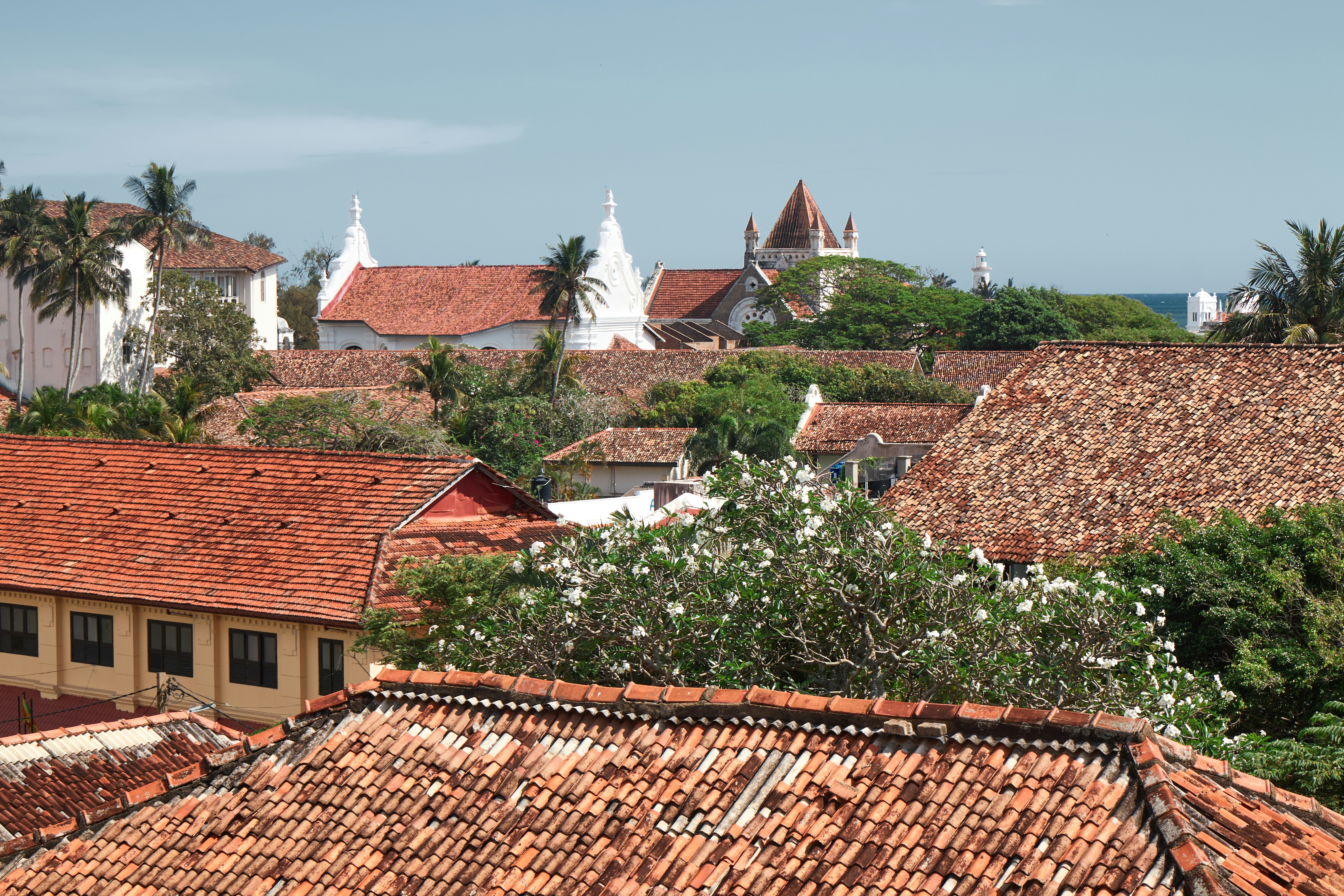 Rooftops of old buildings with white church in background