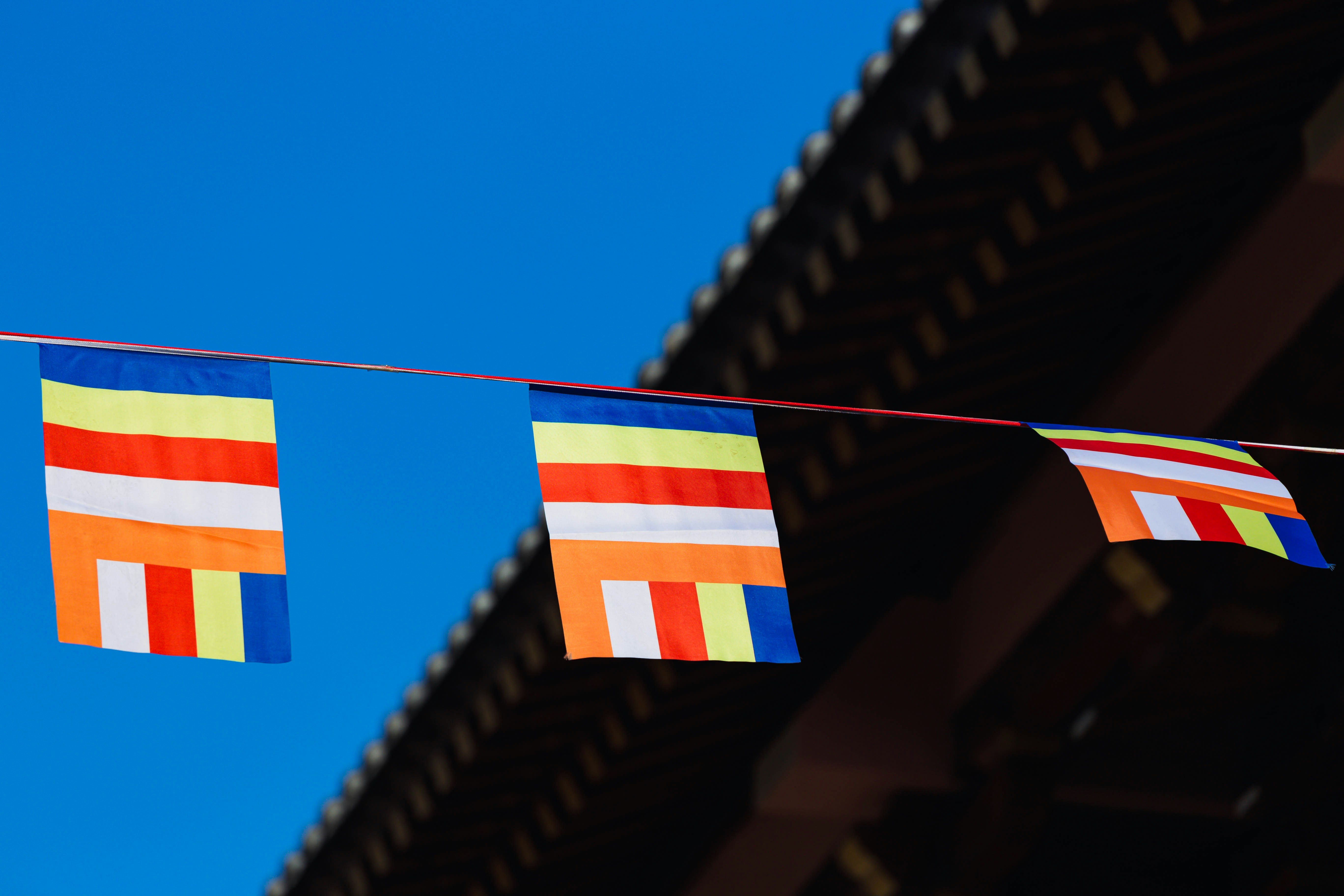 Buddhist prayer flags strung against a blue sky.