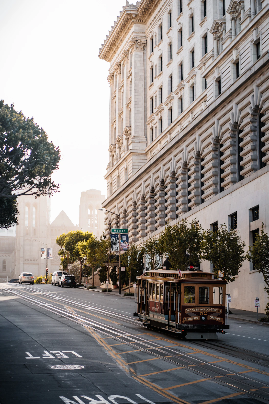 A San Francisco cable car on a city street