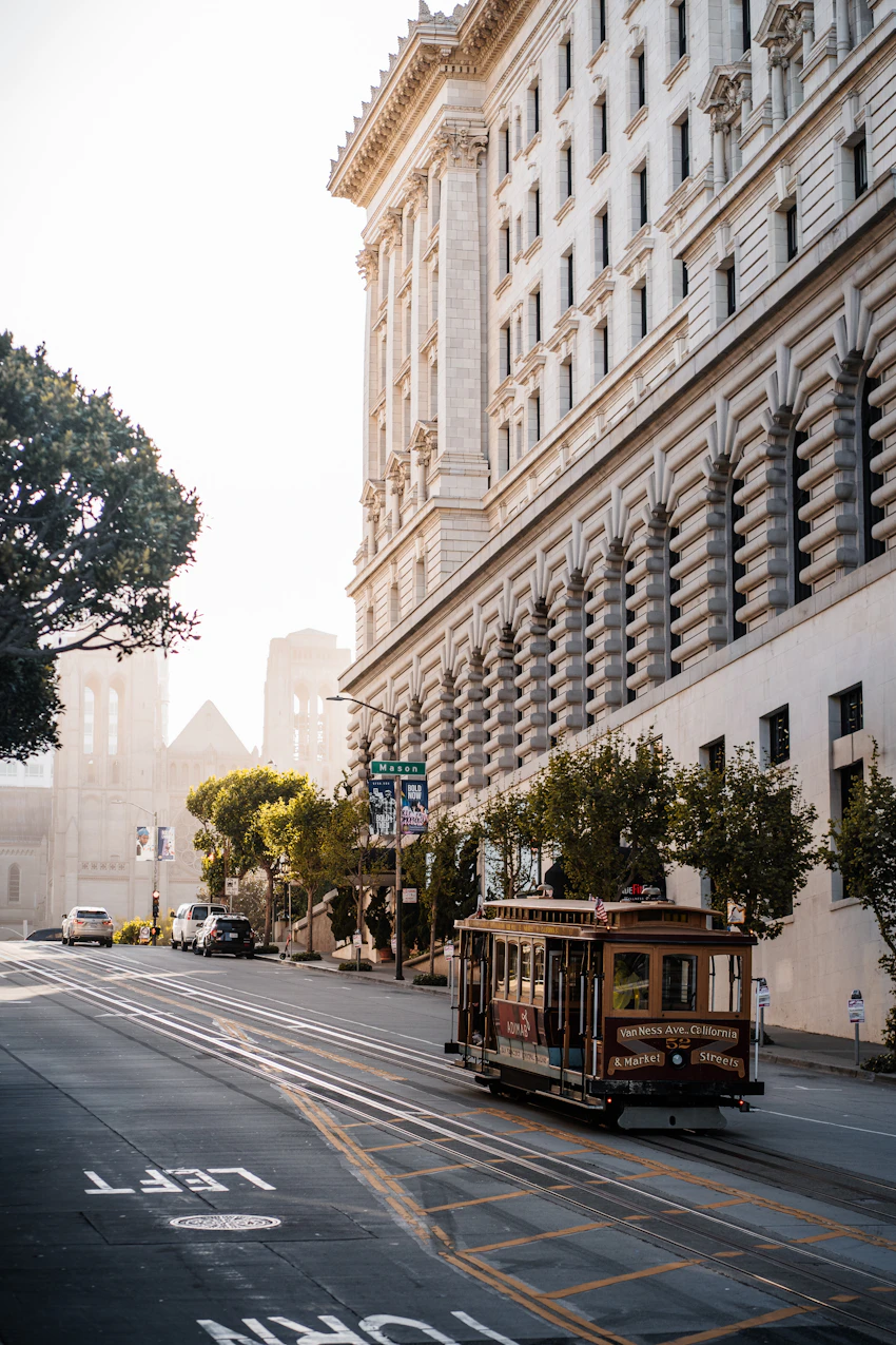 A San Francisco cable car on a city street