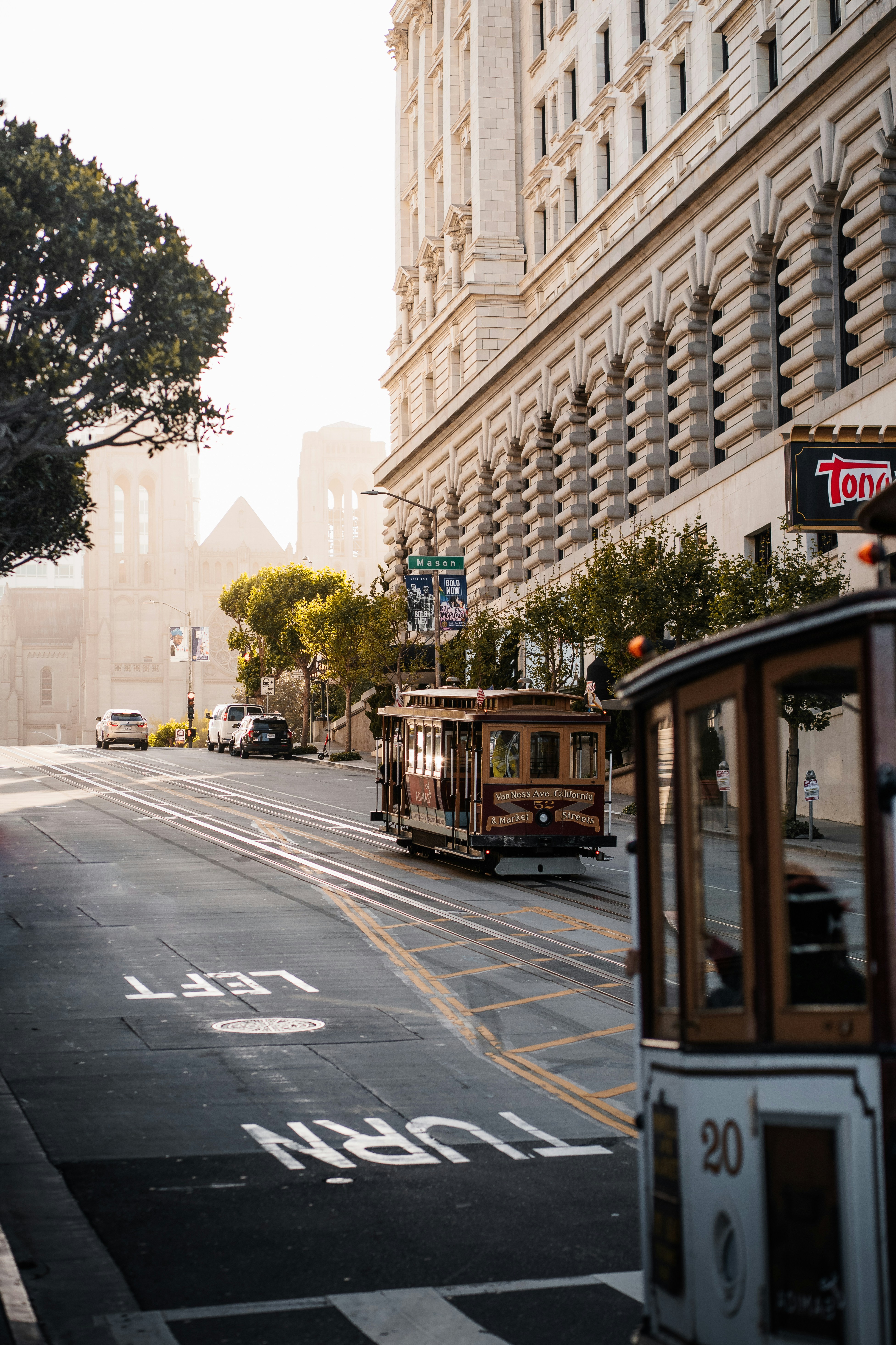San francisco cable car on a foggy street