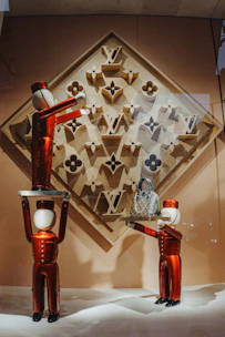 Red figures display louis vuitton logos and handbag