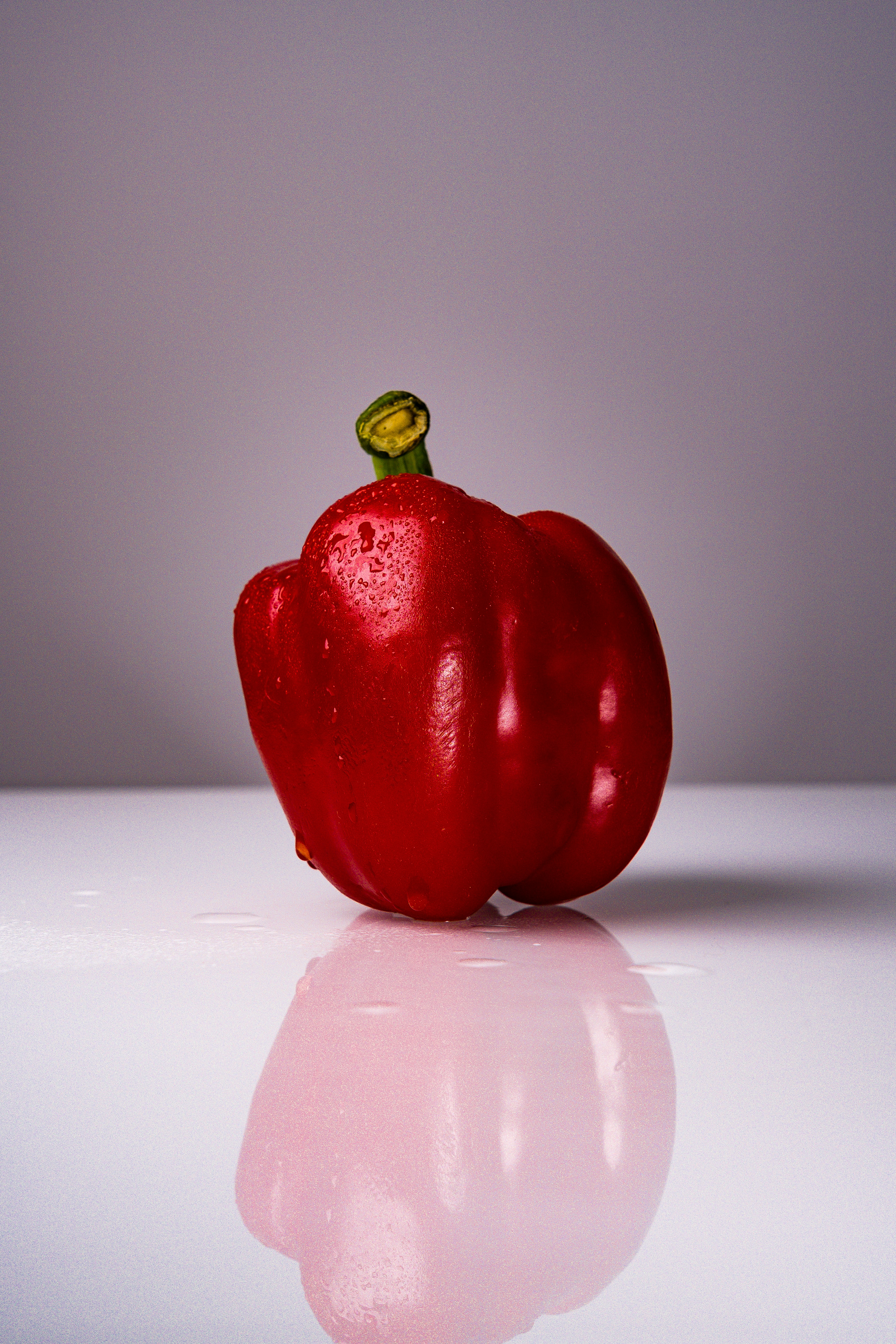 A single red bell pepper with water droplets.