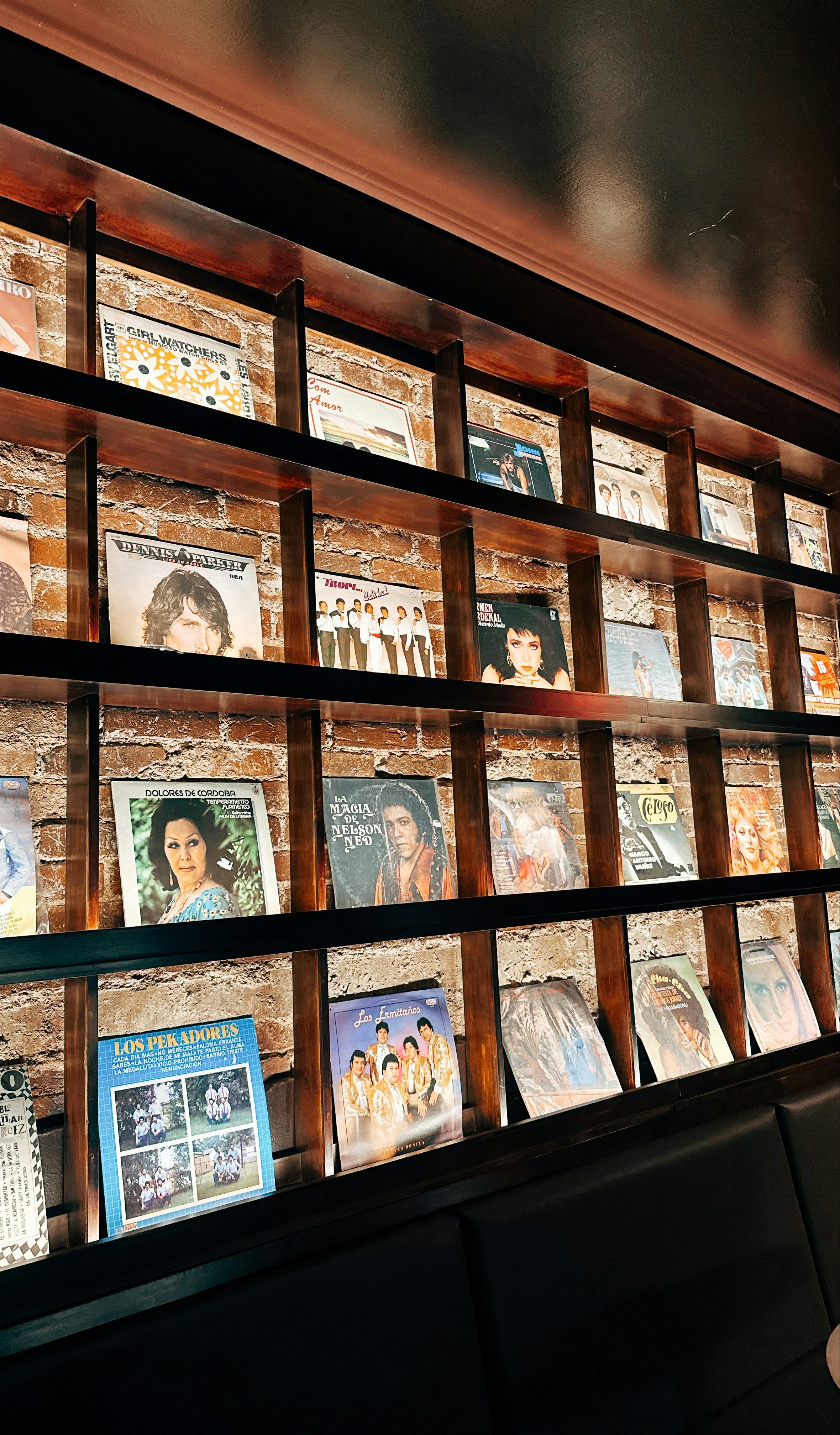 Wall of vintage vinyl records displayed on shelves.