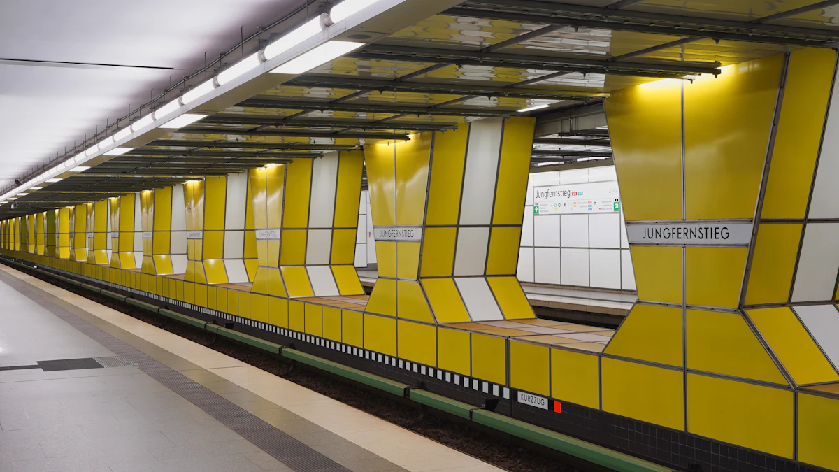 Structural columns along a modern metro platform and public transit corridor