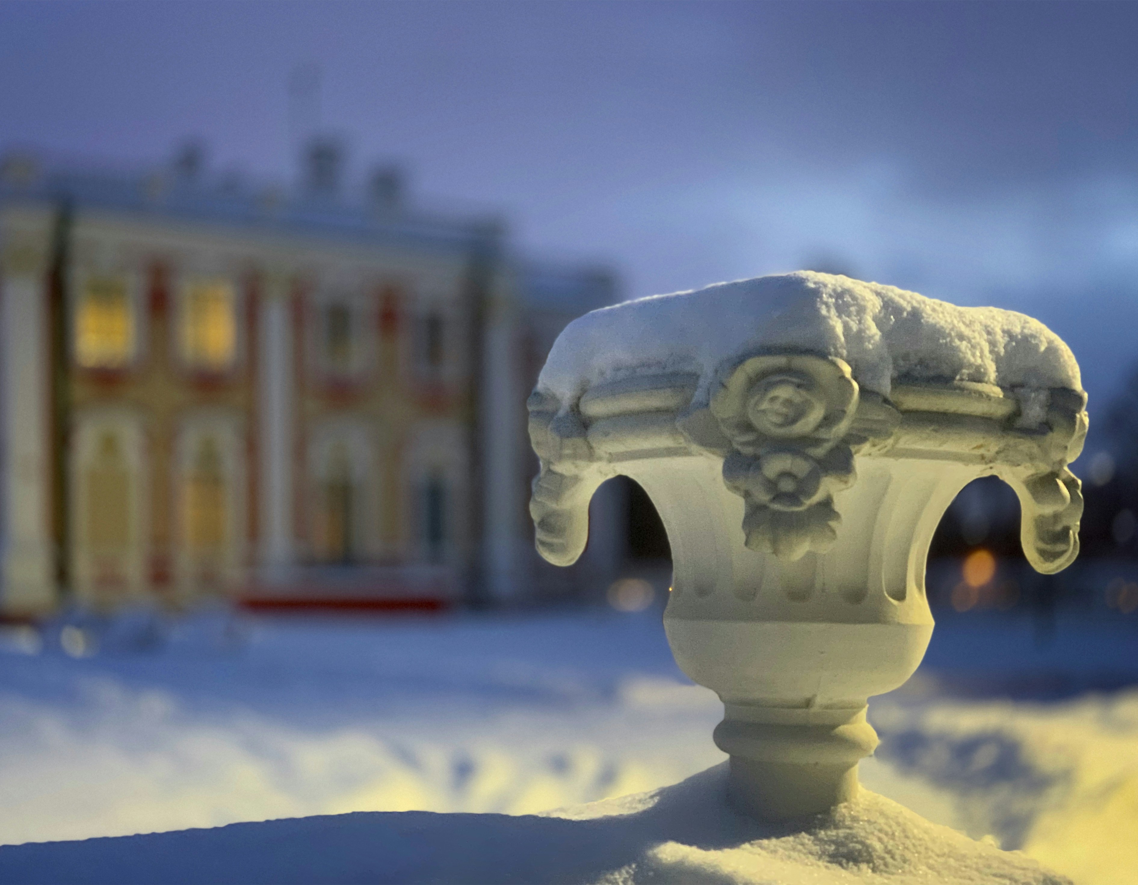 建物の前の雪に覆われた装飾的な柱