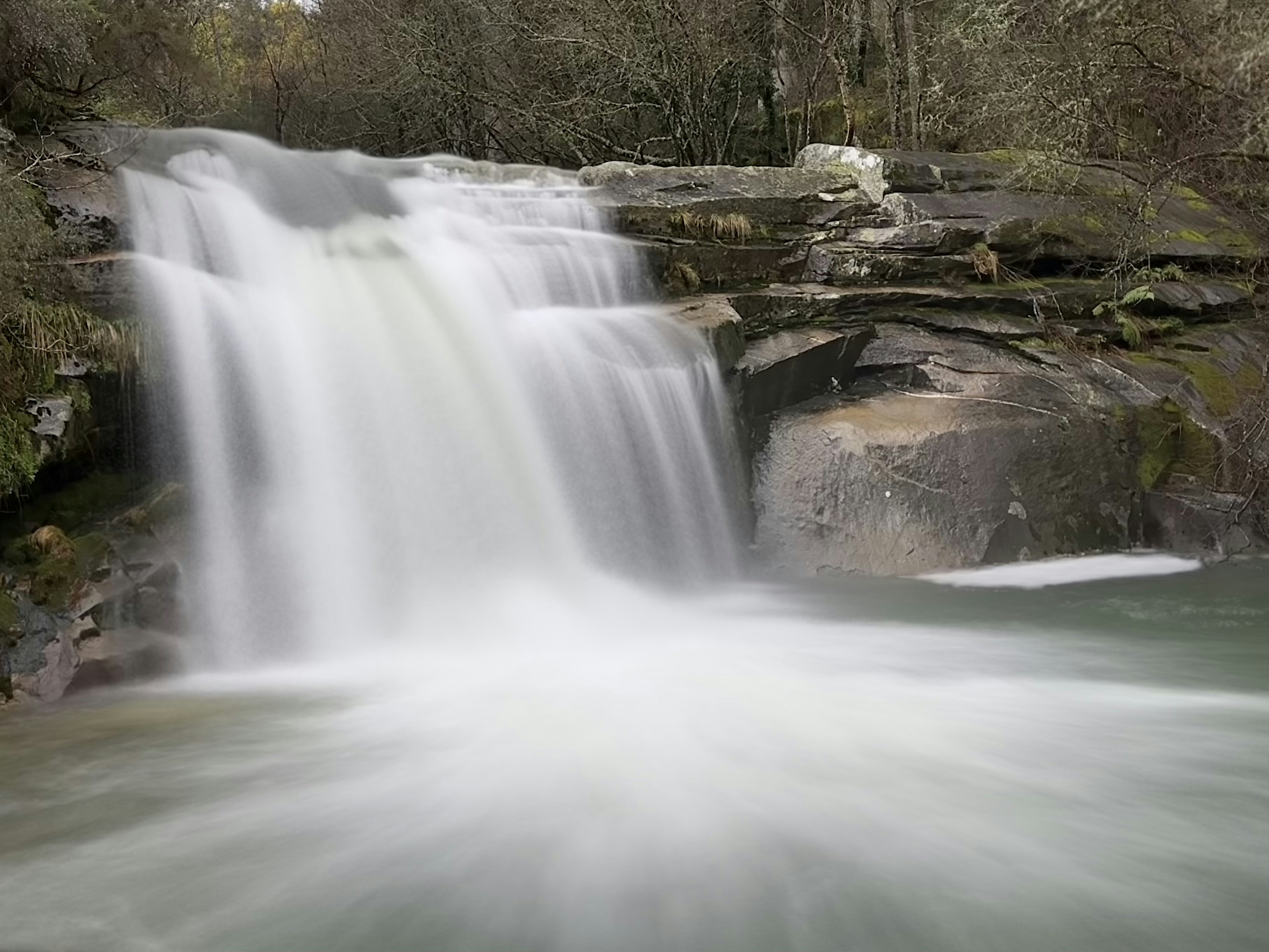 A cascading waterfall flows over rocks in a forest.