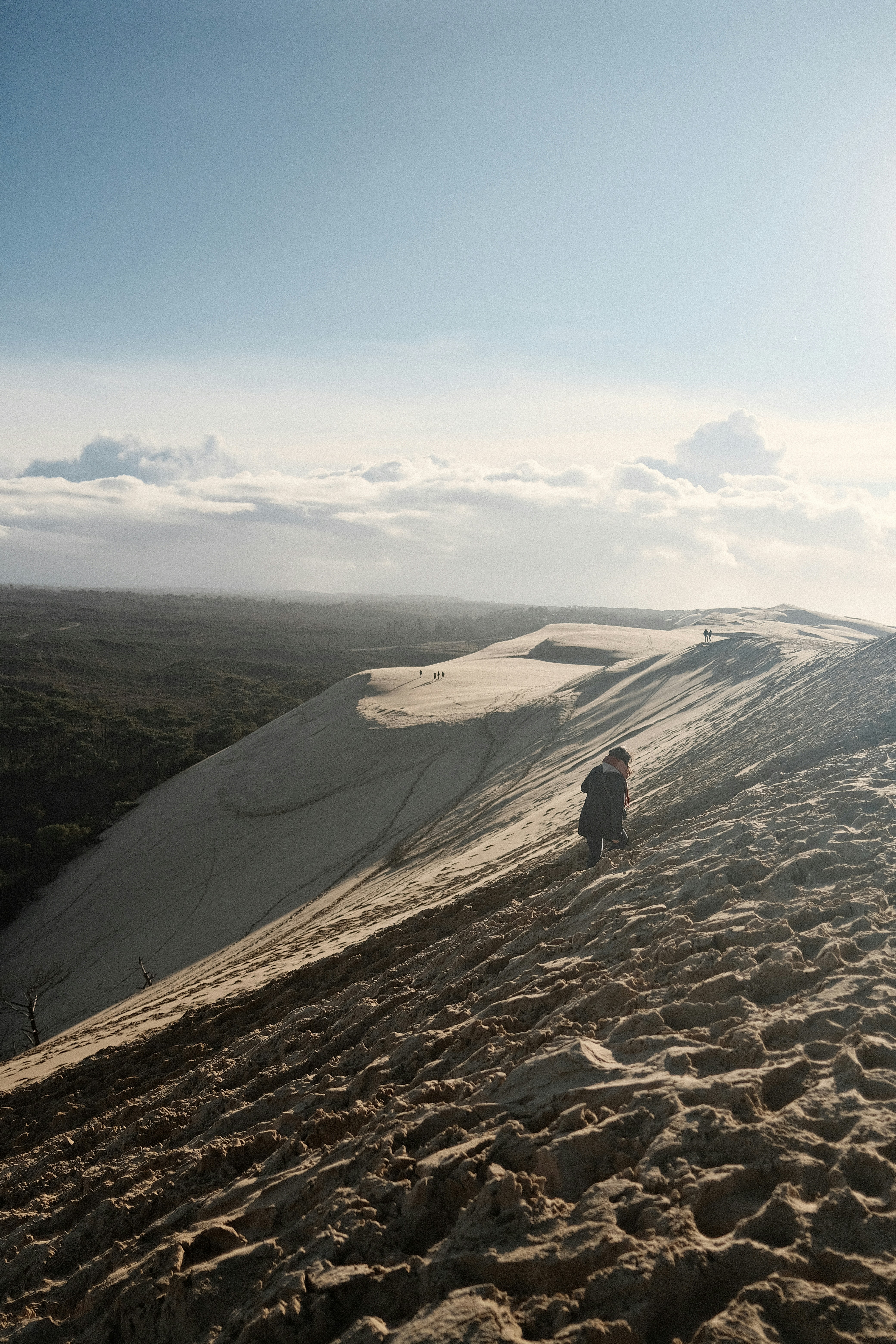 A lone figure walks up a sandy dune