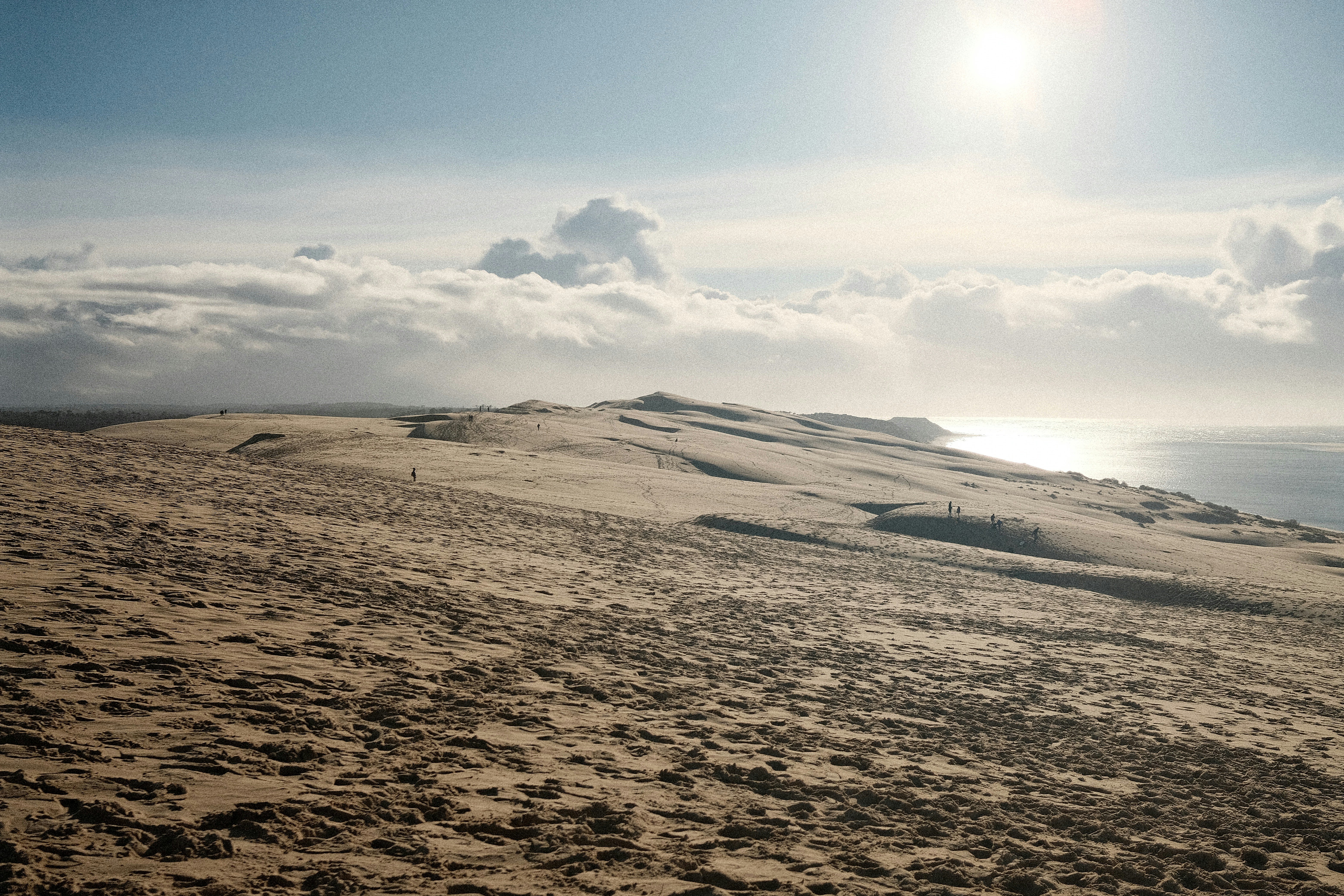 Sandy dunes meet the ocean under a bright sun.