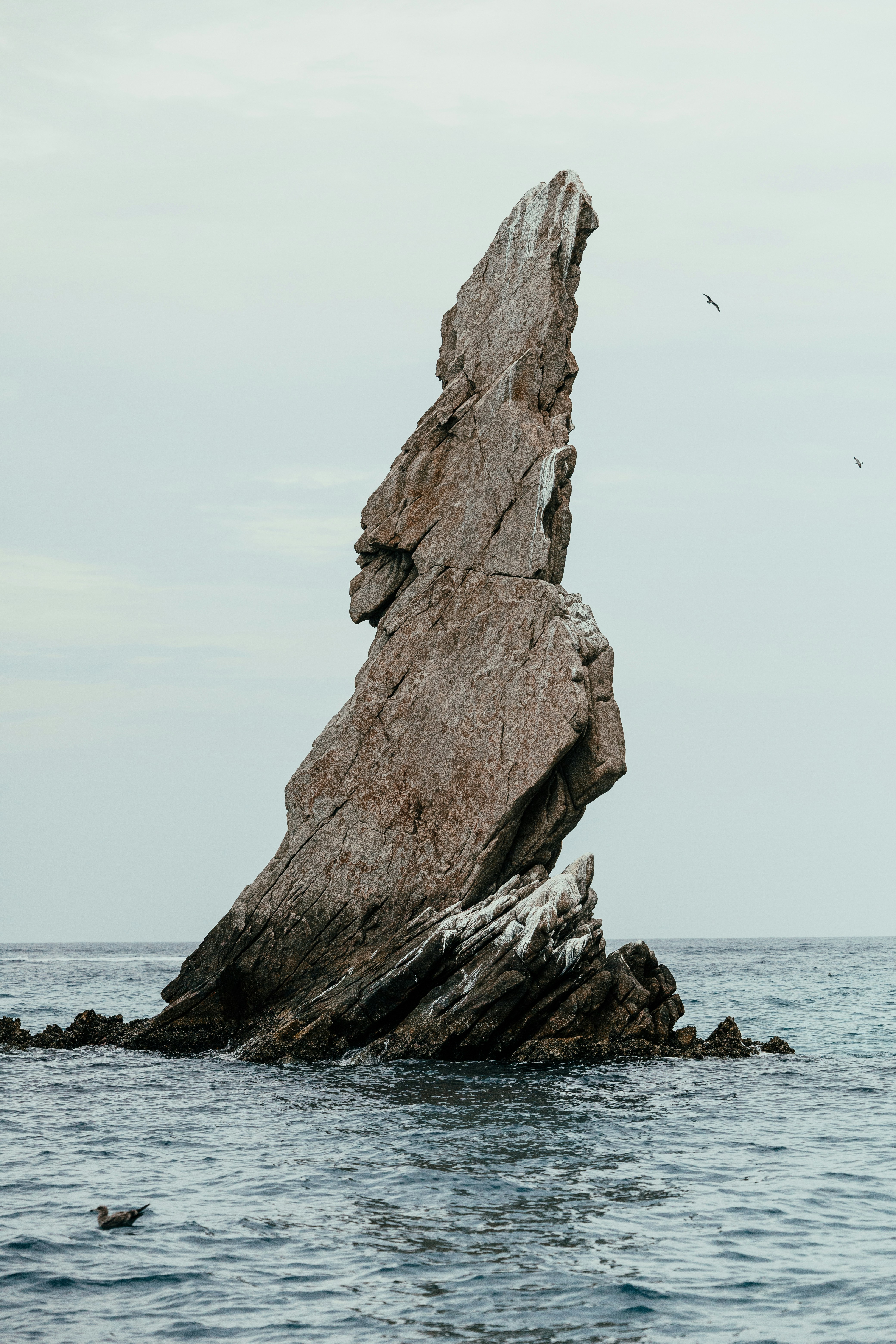 Eine hohe Felsformation erhebt sich aus dem Meer