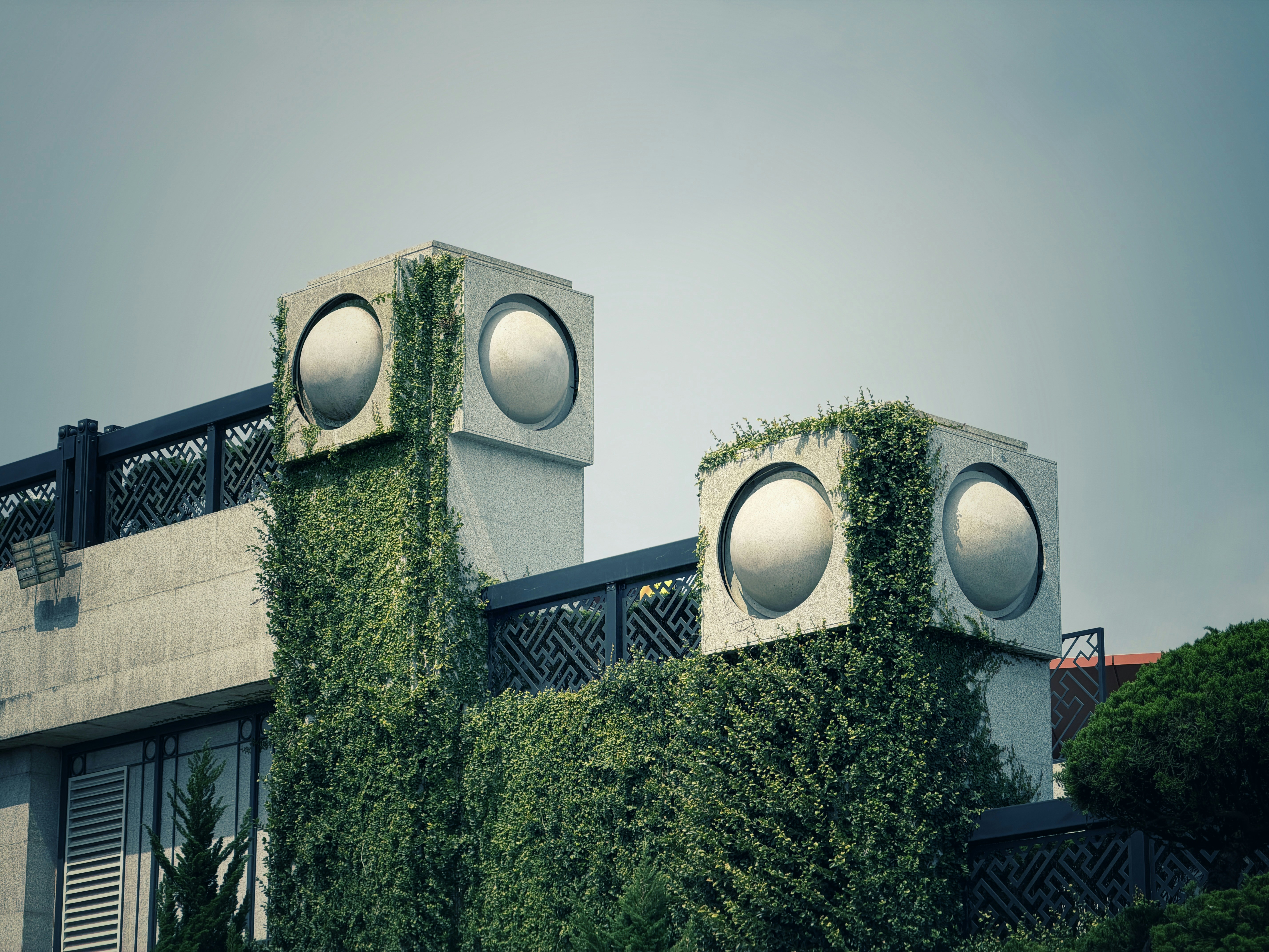 Cubic structures covered in green vines with circular windows.