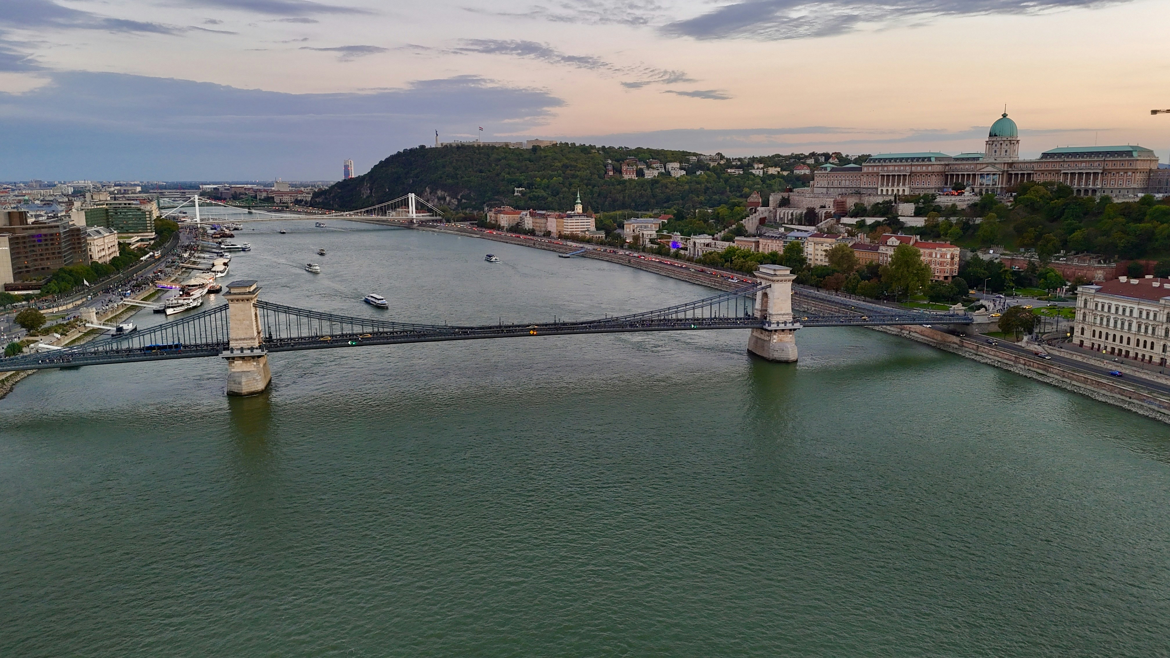 Wide view of budapest city with danube river and bridge.