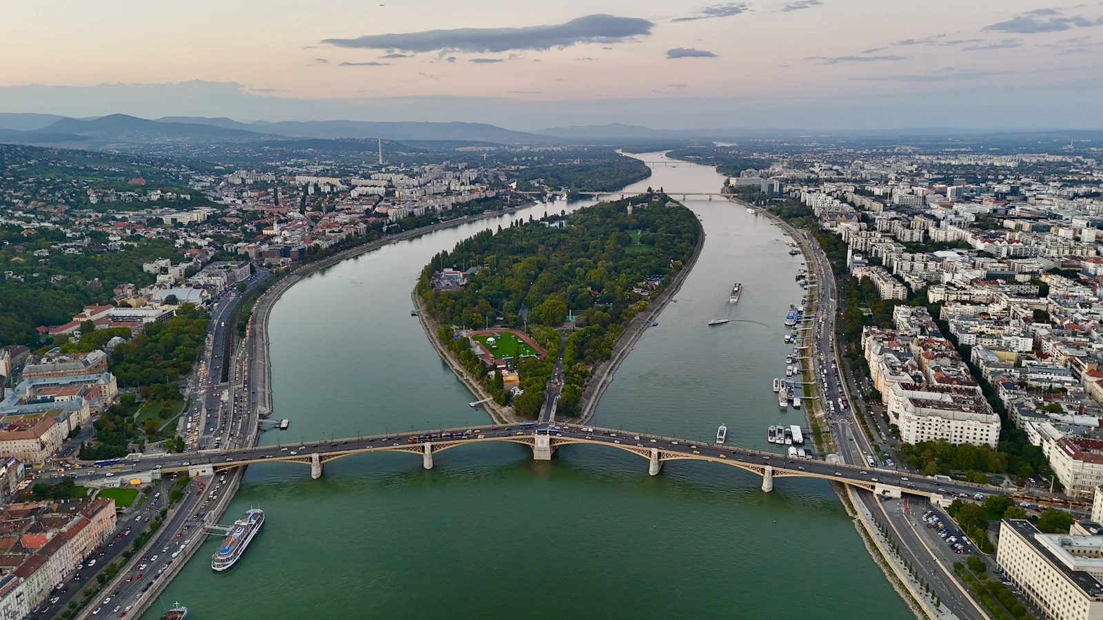 The Danube and bridges seen across Budapest from above