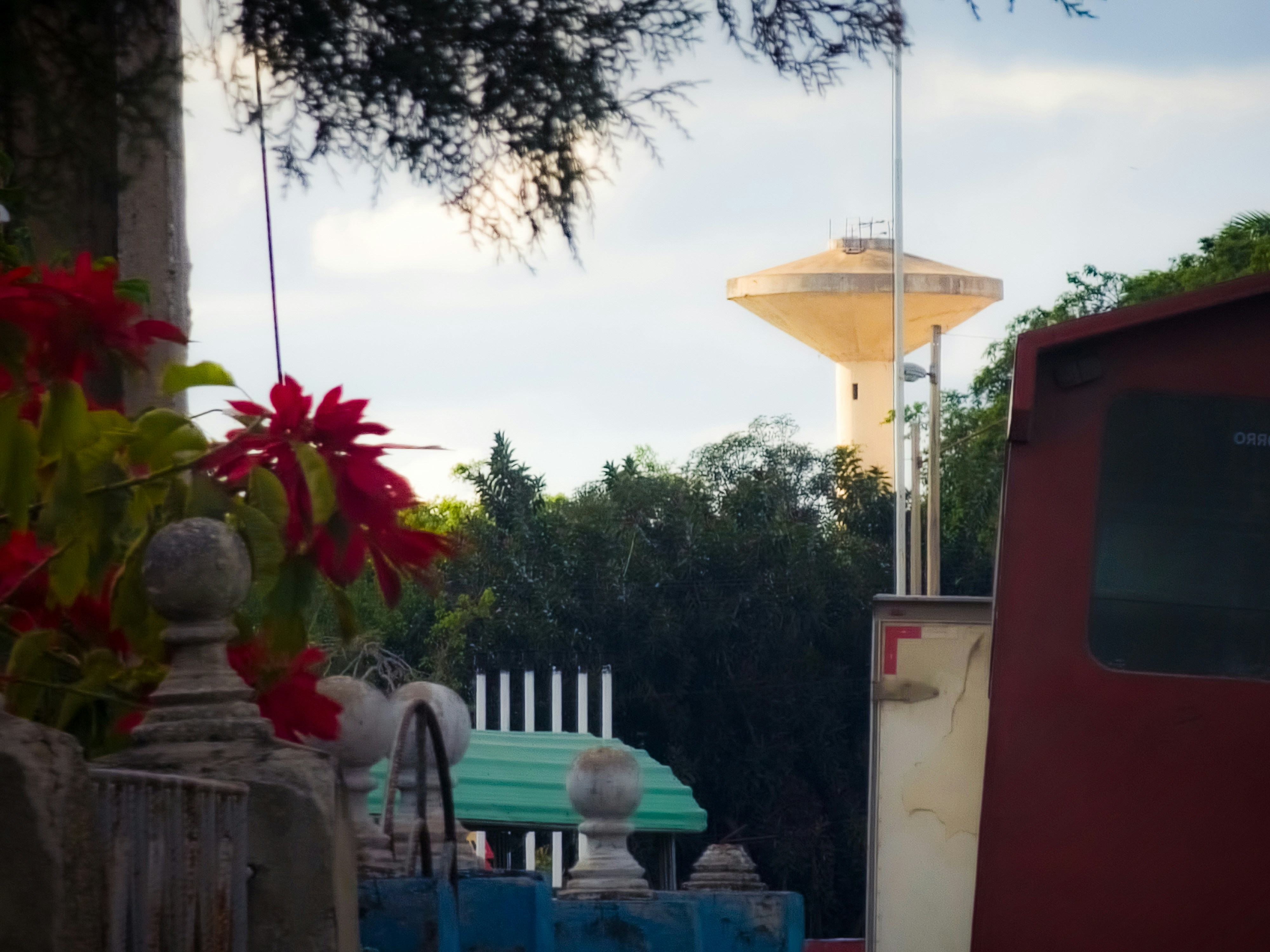 Water tower seen through trees and flowers