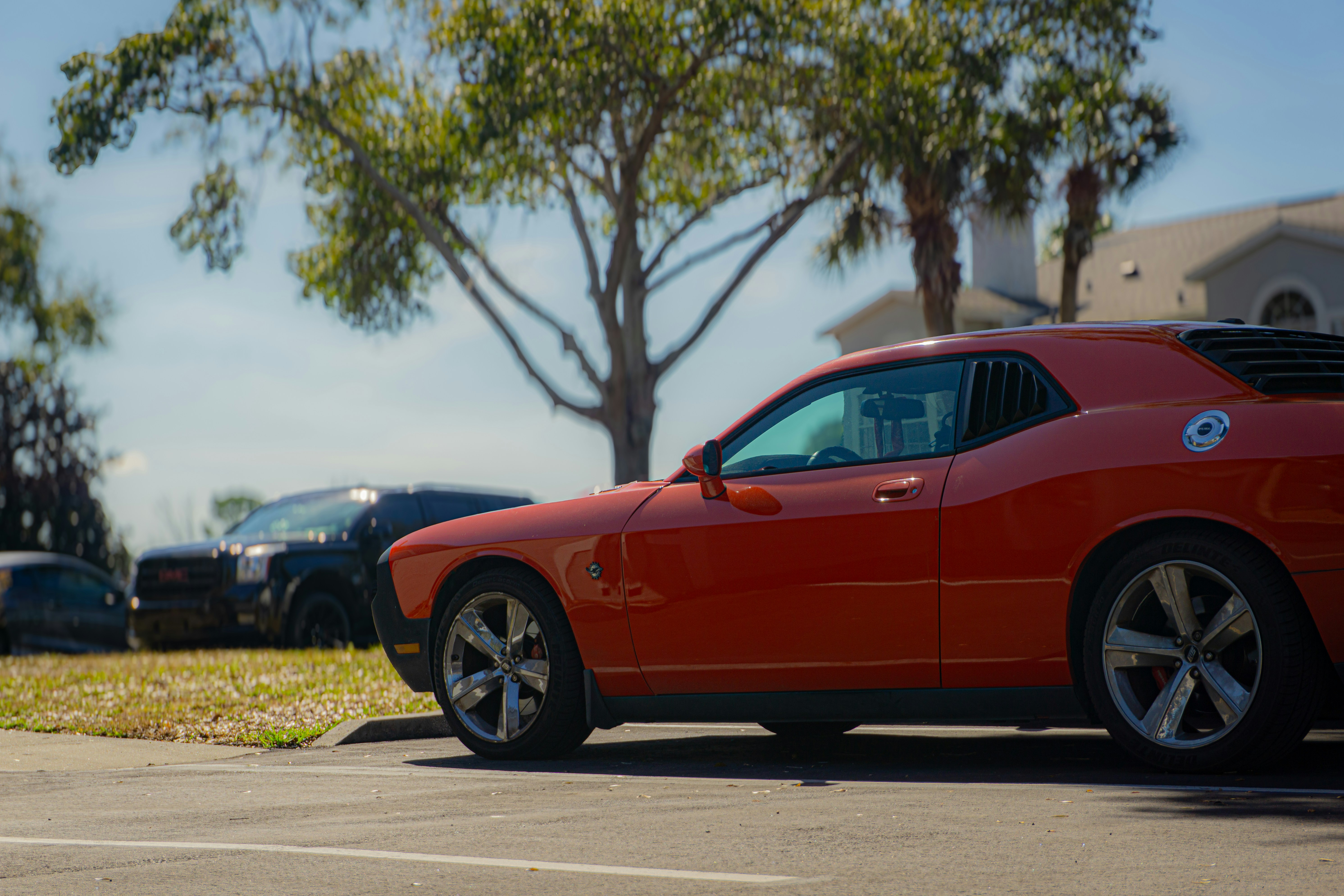 Two cars parked in a sunny outdoor lot.