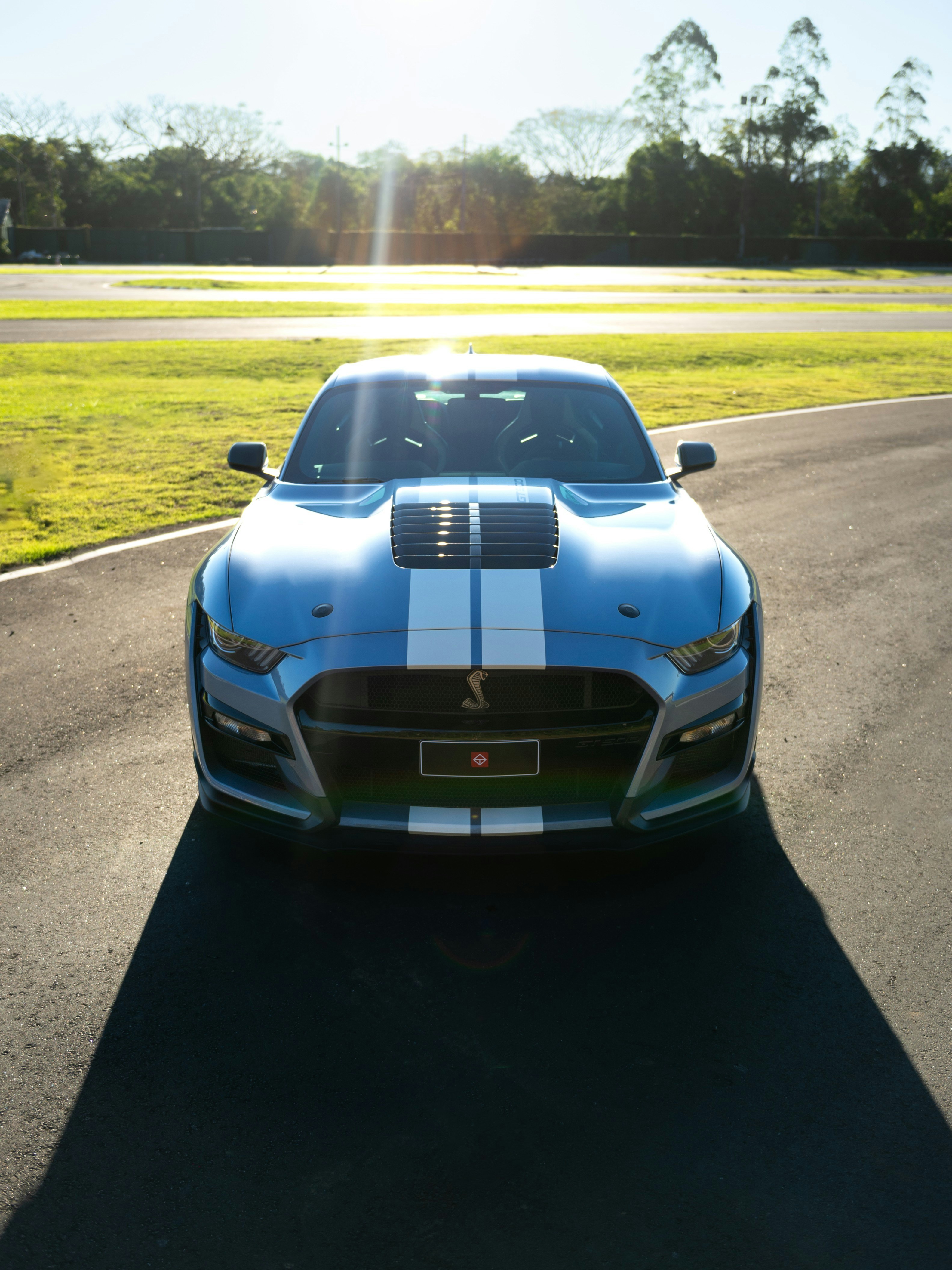 A blue ford mustang shelby gt500 on a racetrack.