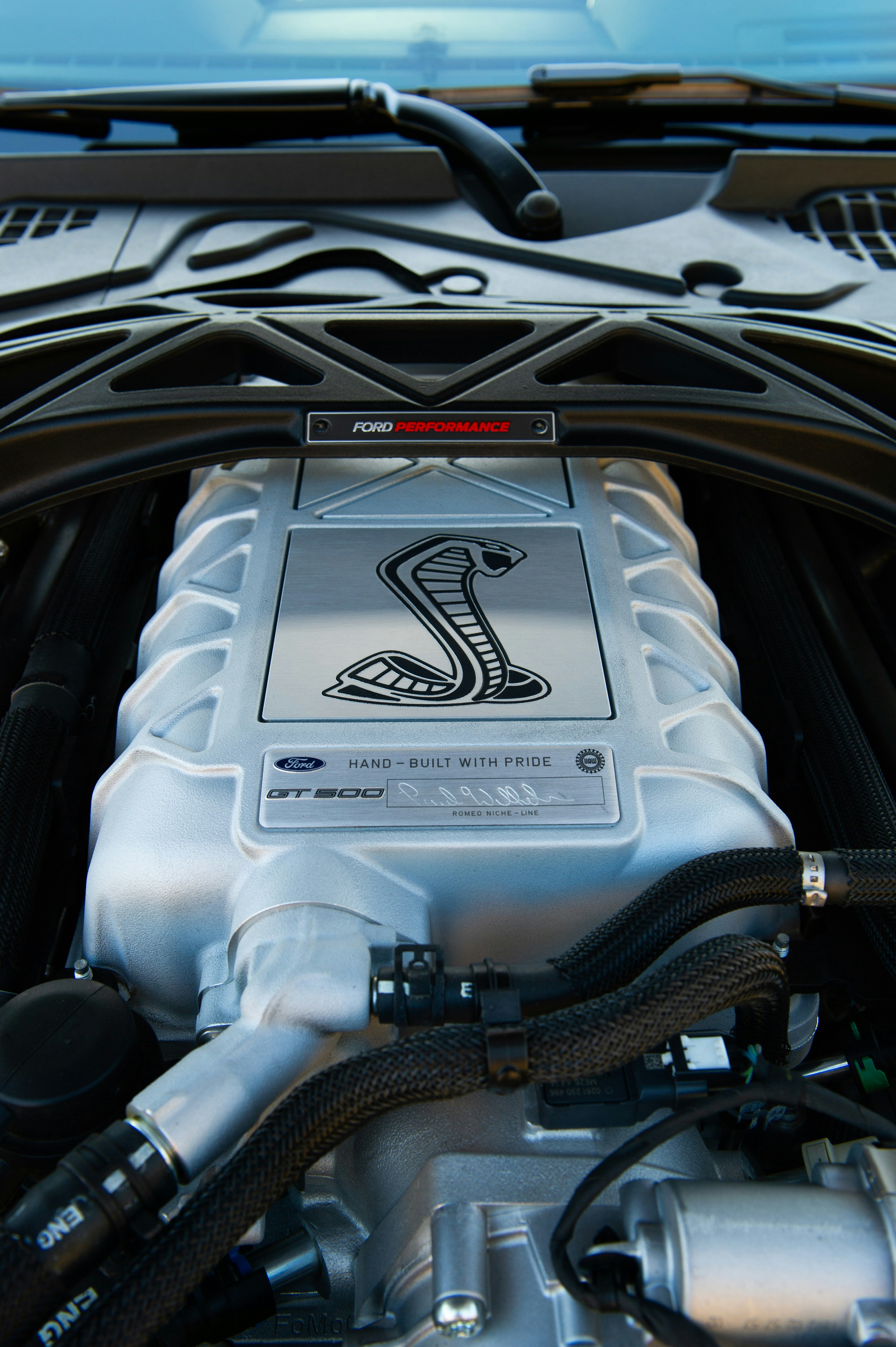 Close-up of a ford mustang shelby gt350 engine