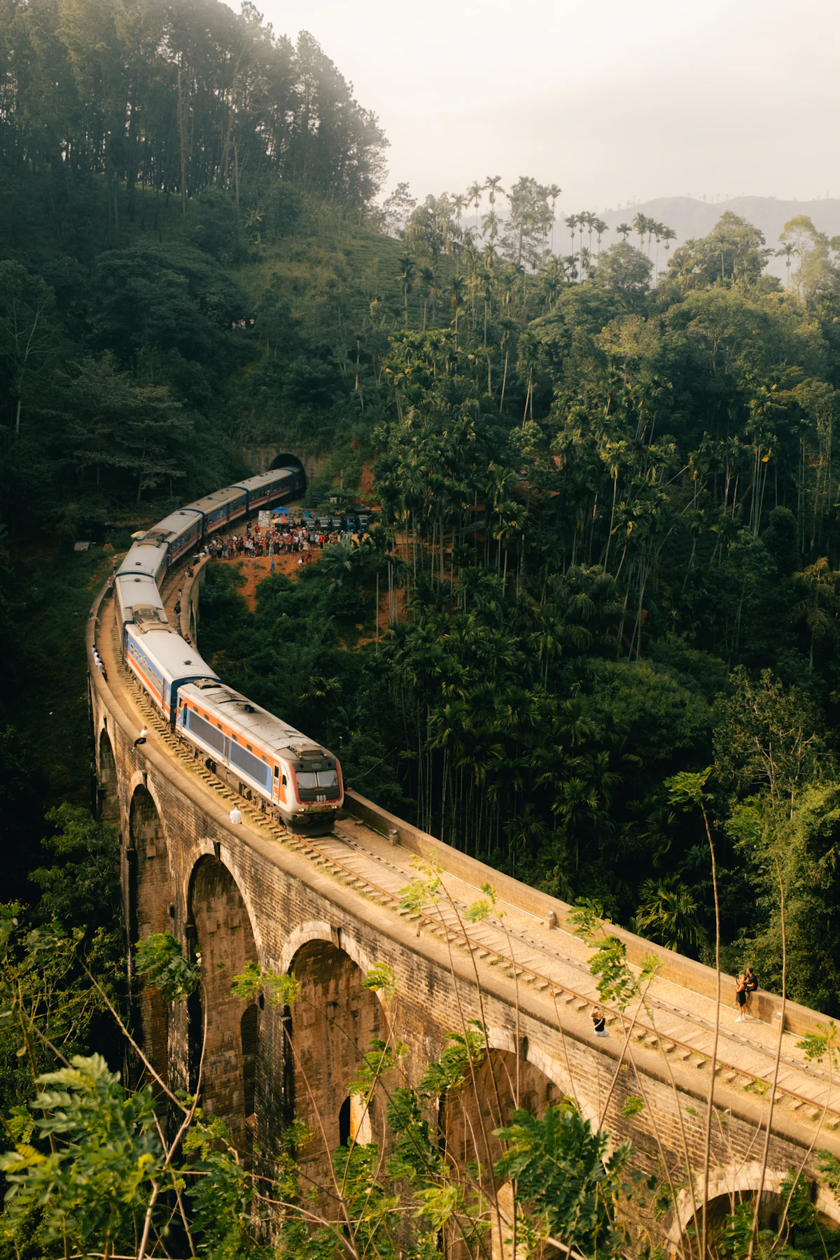A passenger train arriving at a station
