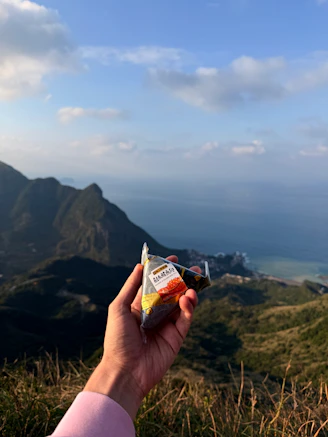 Hand holding snack with mountain and ocean view.