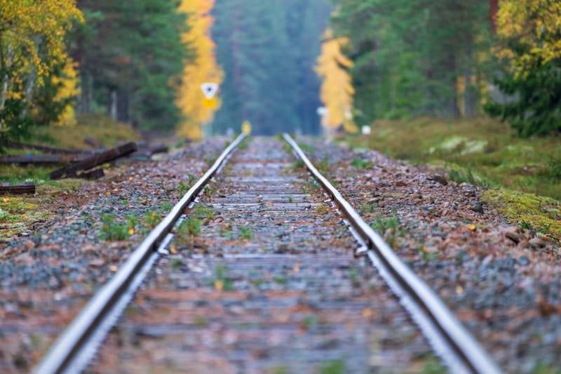 Low angle view down a single railroad track running straight into a forest of yellow and green autumn trees