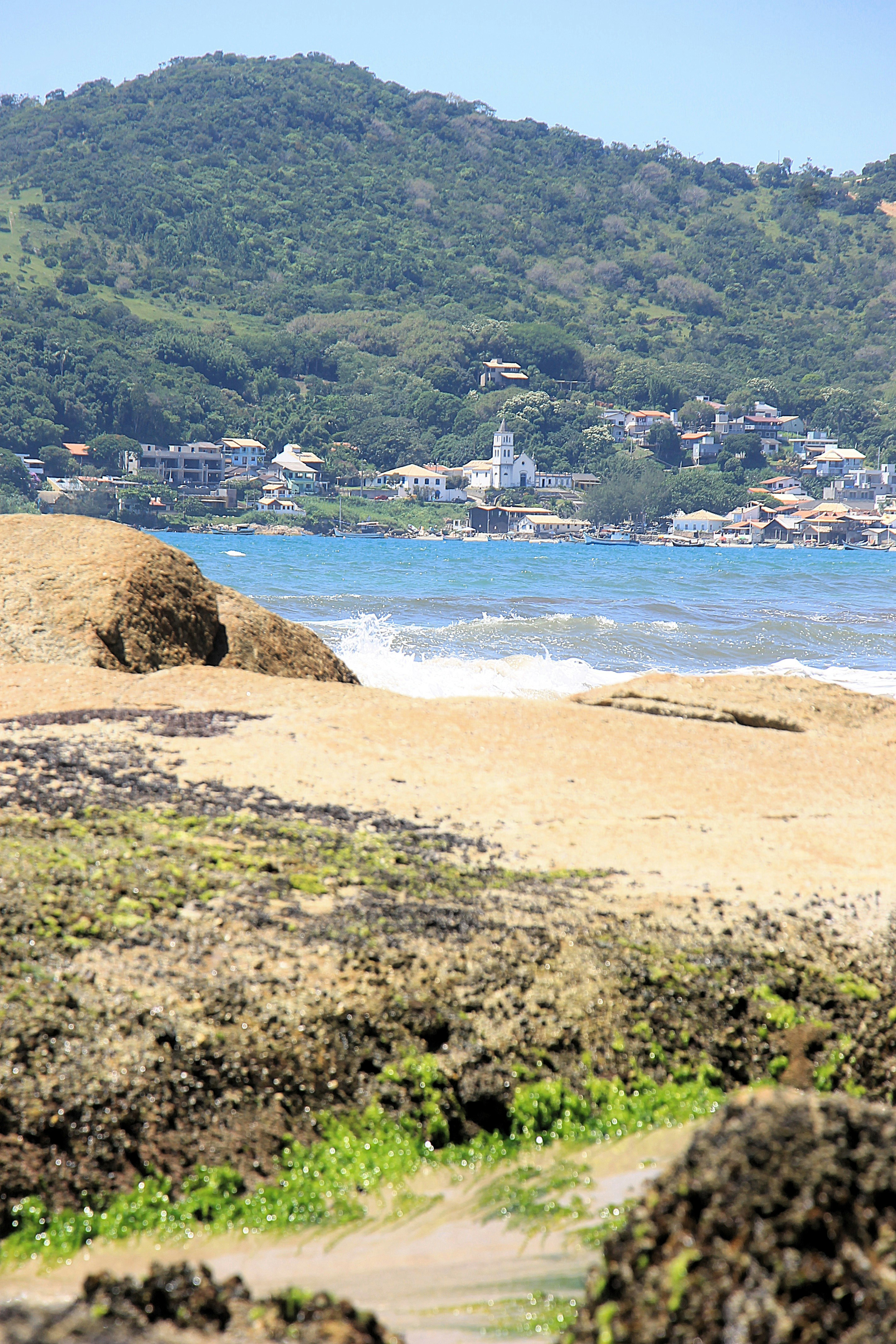 Rocky beach with a coastal town and green hills.