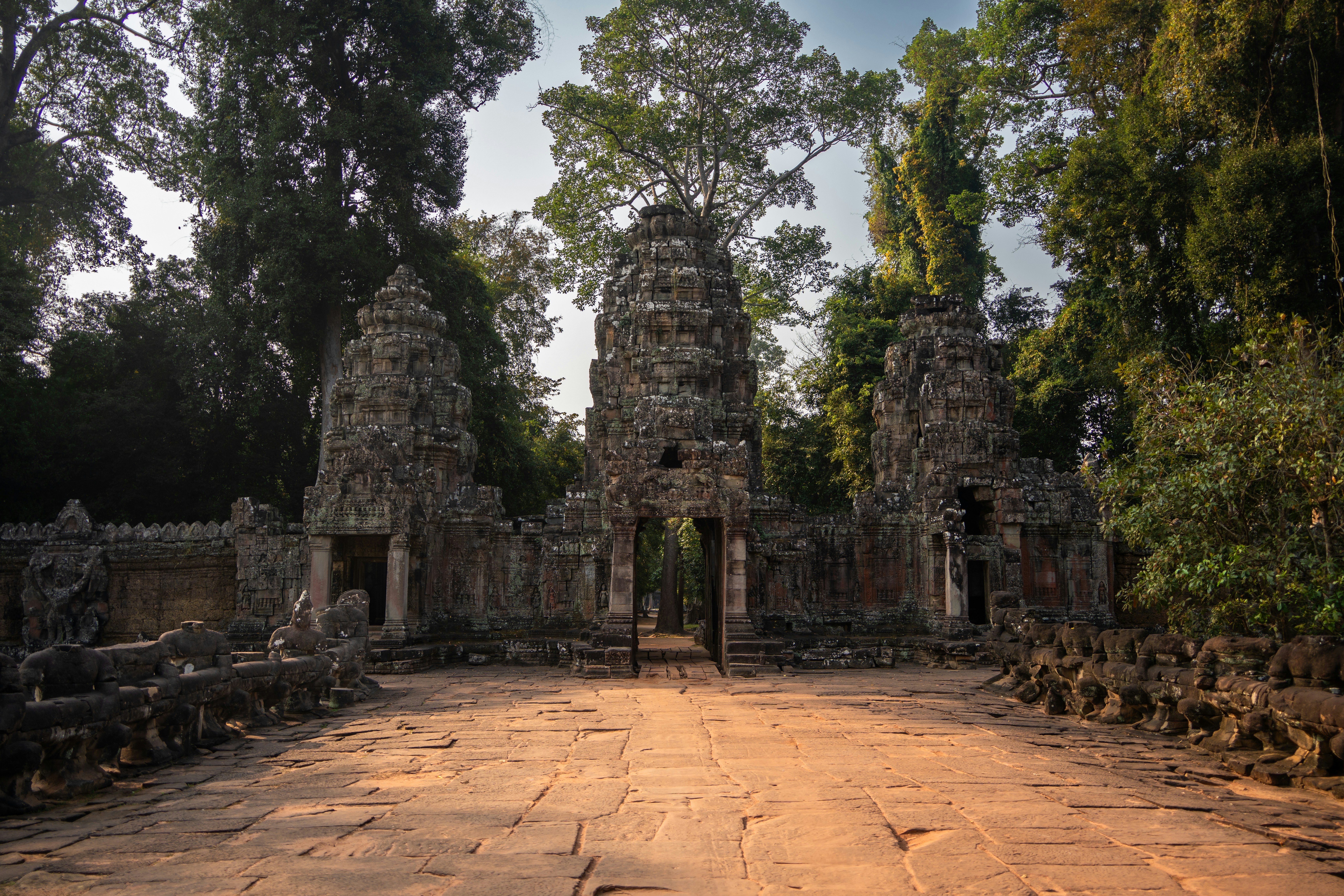 Ancient stone temple ruins surrounded by lush jungle foliage