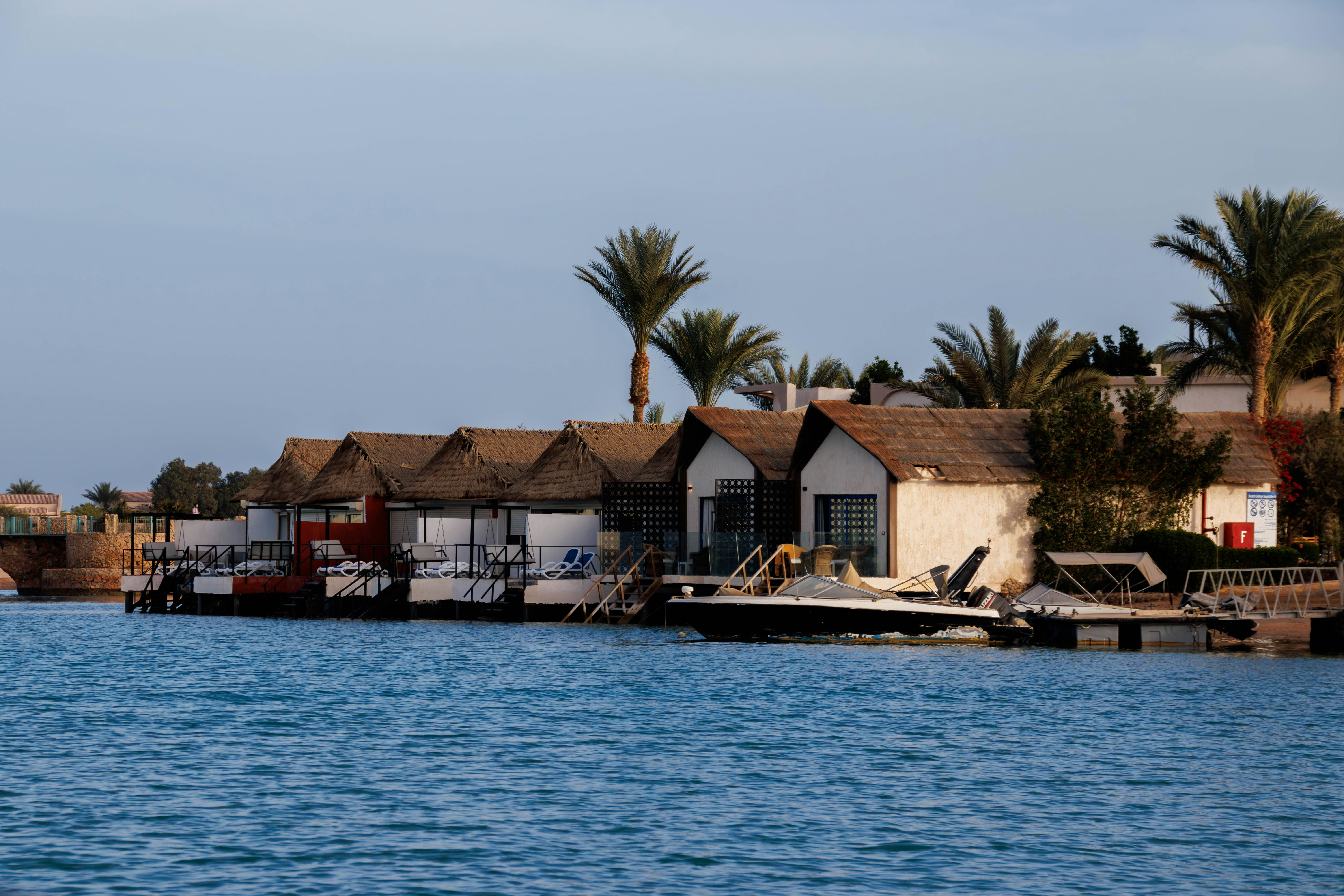Waterfront bungalows with palm trees under clear sky
