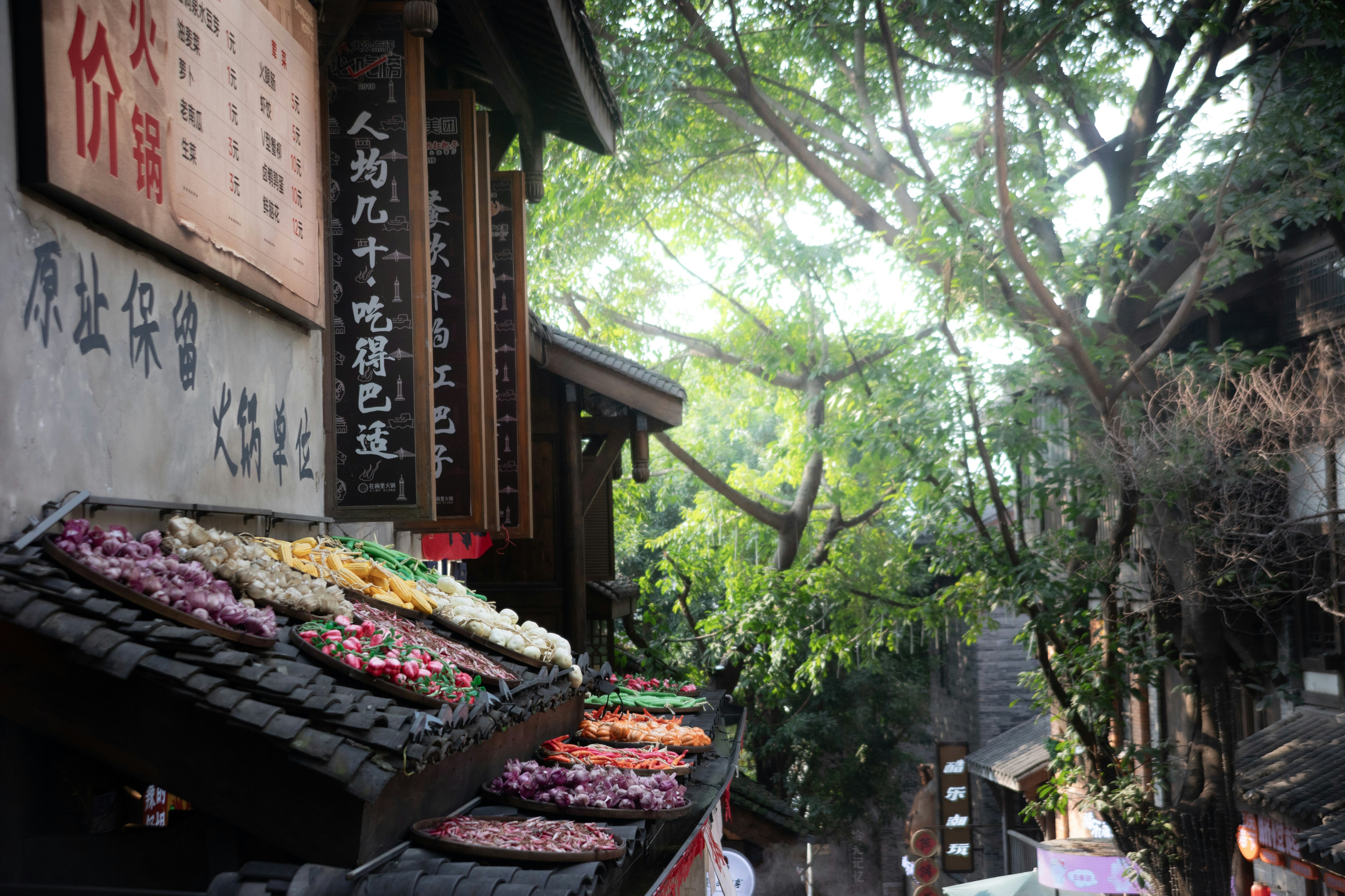 Street vendor displaying colorful food items under trees